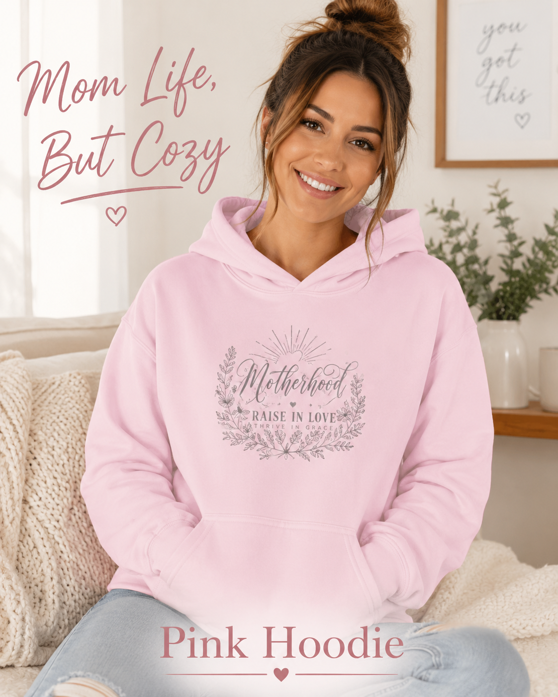 Cute motherhood hoodie gift for mom with Raise Em Wild floral front graphic