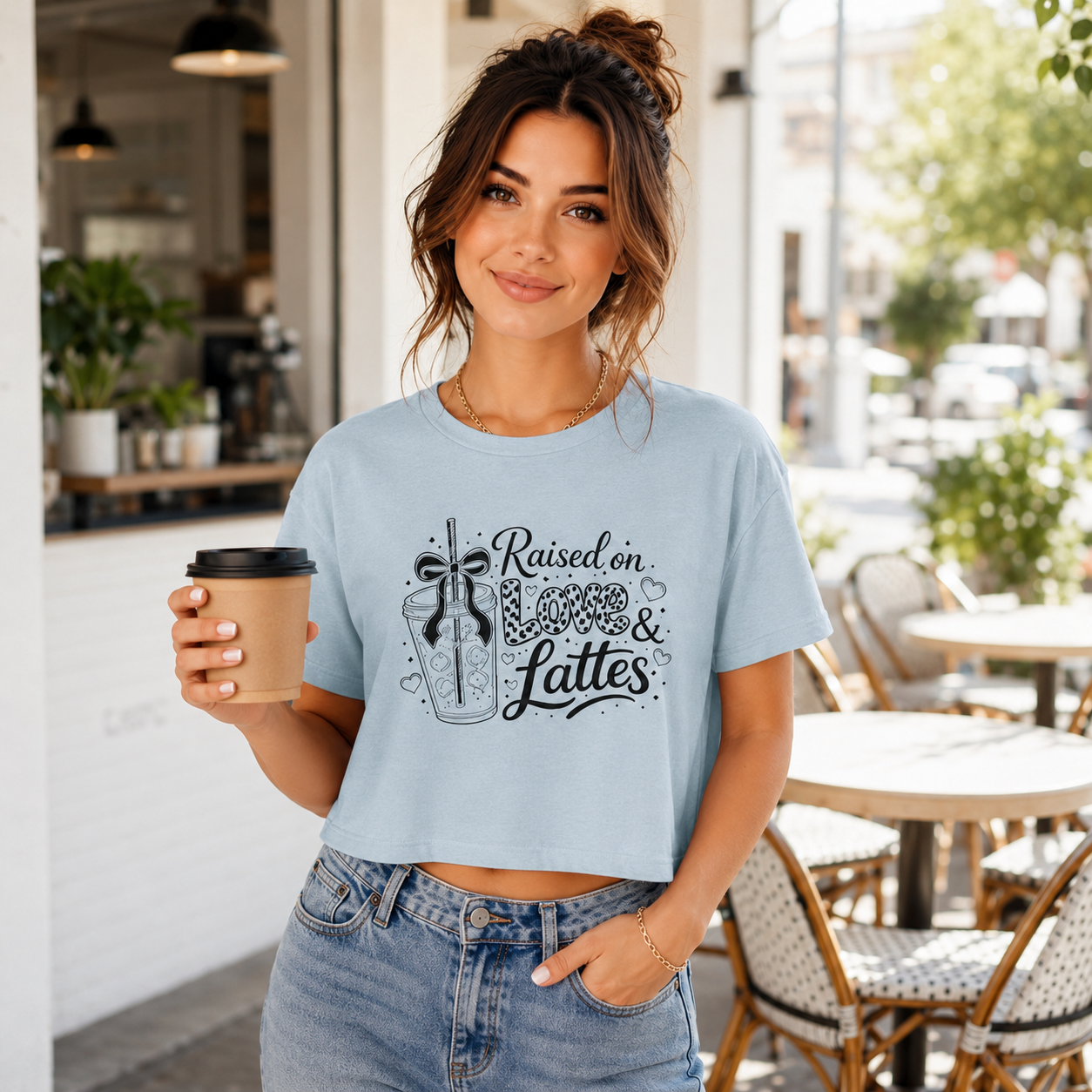 Brunette model stands near a sunlit coffeehouse patio holding a beverage while wearing a powder blue “Raised on Love & Lattes” crop tee. The detailed black typography and drink artwork create a stylish pastel coffee shirt for women. Trendy choice for daily errands, iced coffee runs and casual outfits or a unique barista appreciation, best-friend or coffee-drinker birthday gift.