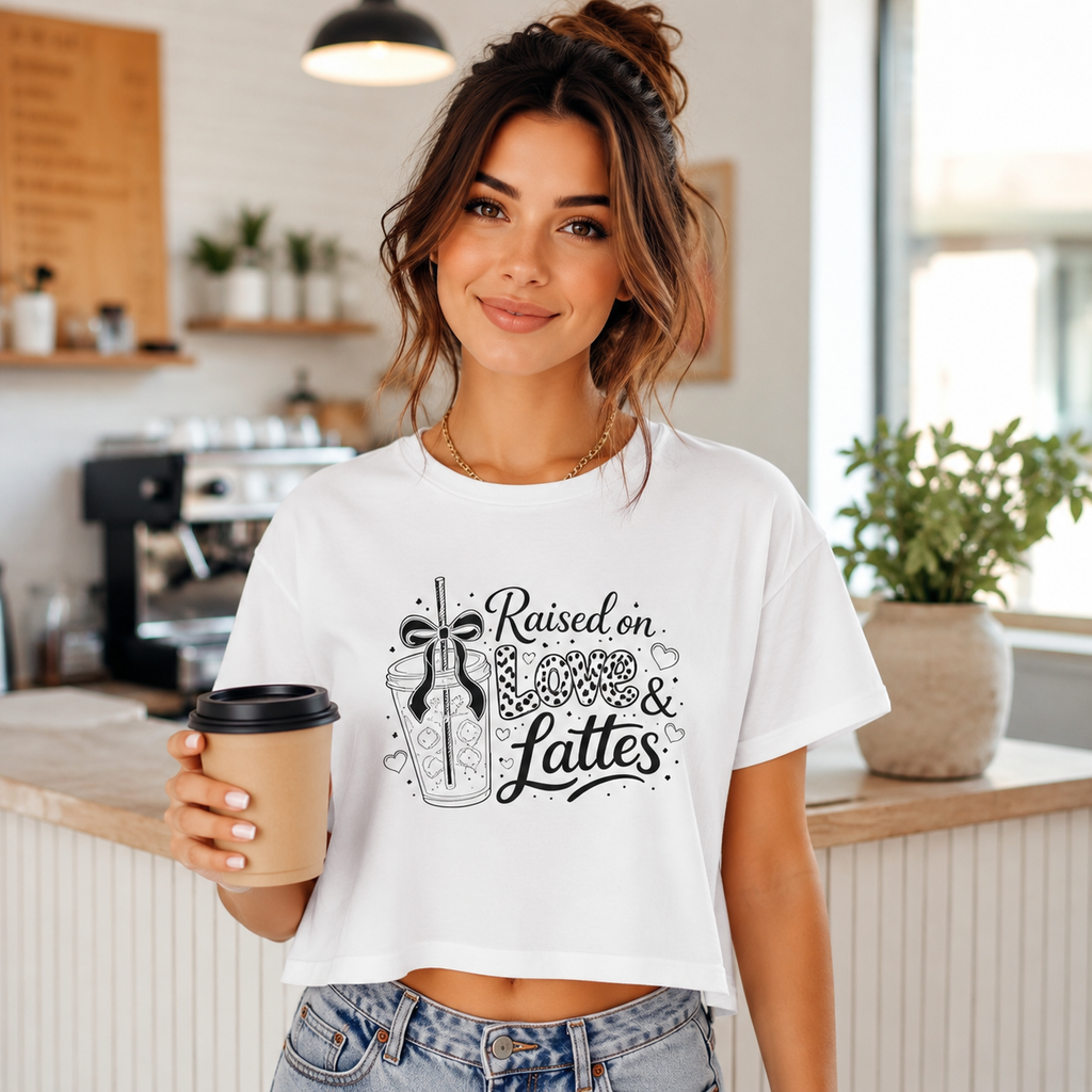 Young woman holds a coffee cup in a sunny kitchen while modeling a white cropped shirt printed with the playful “Raised on Love & Lattes” design. This trendy iced coffee graphic top creates an easy brunch outfit for espresso drinkers, café regulars and caffeine fans. Fun barista gift, coworker present or stylish short-sleeve tee for a girlfriend, sister or coffee-obsessed bestie.