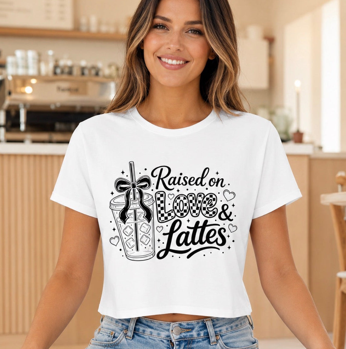Smiling woman sits cross-legged inside a bright modern café wearing a white women’s cropped T-shirt with the black “Raised on Love & Lattes” coffee graphic. This cute coffee lover shirt pairs easily with jeans for brunch, café dates and everyday outfits. Trendy women’s graphic tee for iced latte fans, caffeine lovers and shoppers seeking a fun gift for mom, girlfriend, wife or best friend.