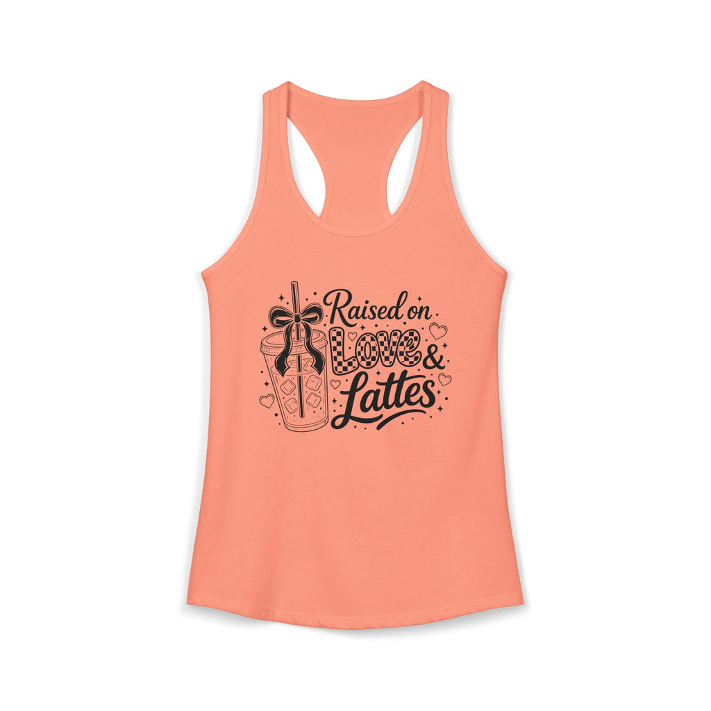 Solid light orange women's coffee mom crop top product mockup with Raised on Love and Lattes front graphic for cute casual mom style.