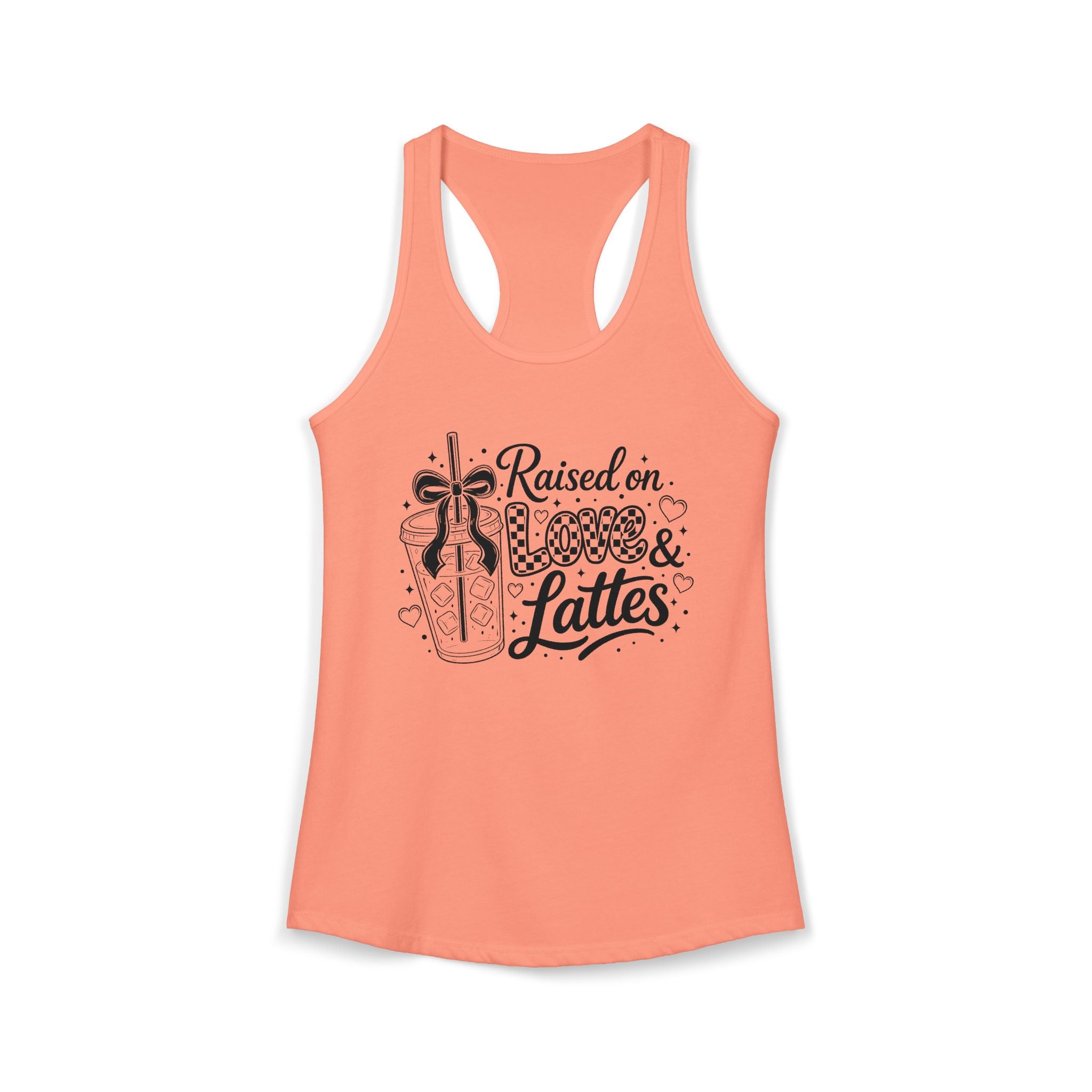 Solid light orange women's coffee mom crop top product mockup with Raised on Love and Lattes front graphic for cute casual mom style.