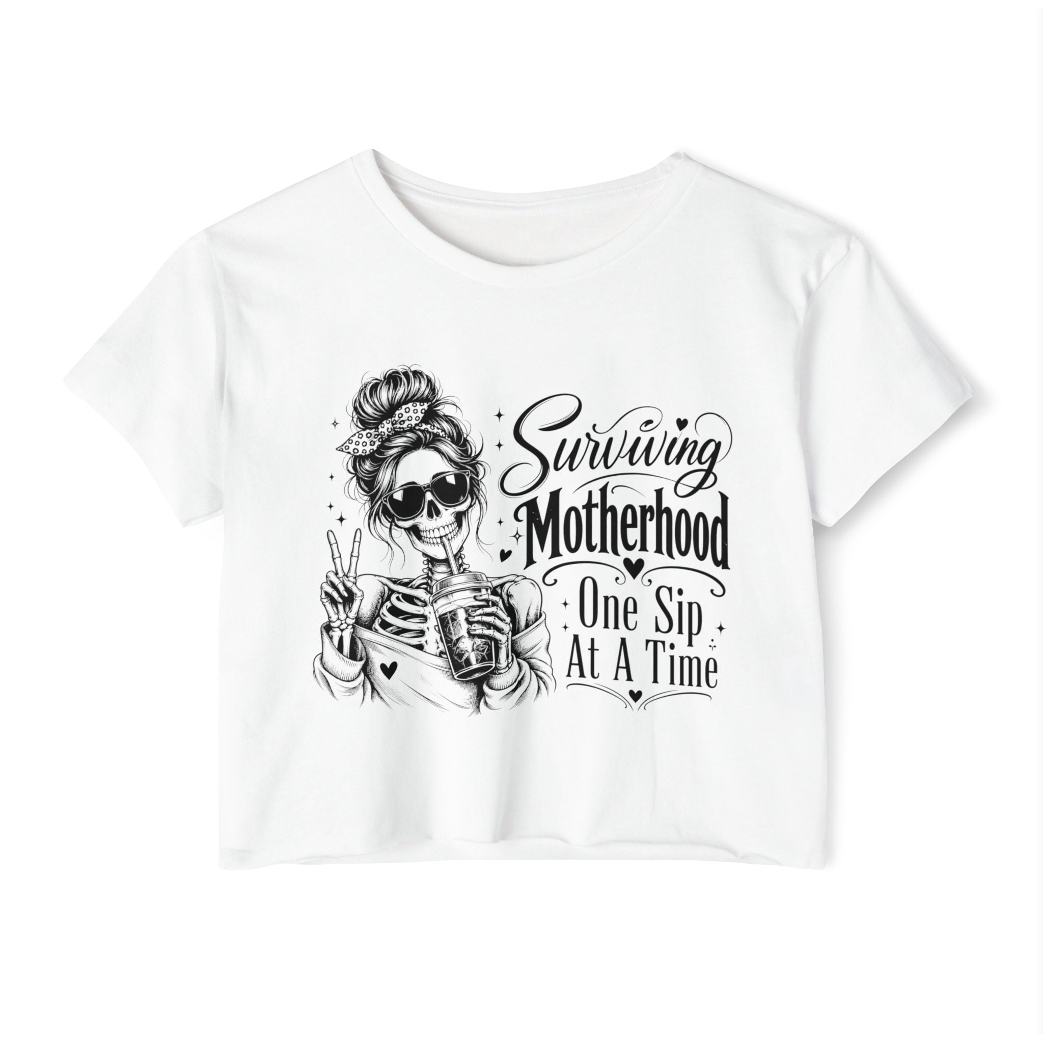 Surviving Motherhood crop top product image with One Sip at a Time coffee mom design.
