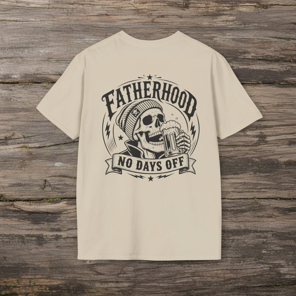 Sand Fatherhood No Days Off t-shirt with skull and beer graphic for dads and Father’s Day gifts.