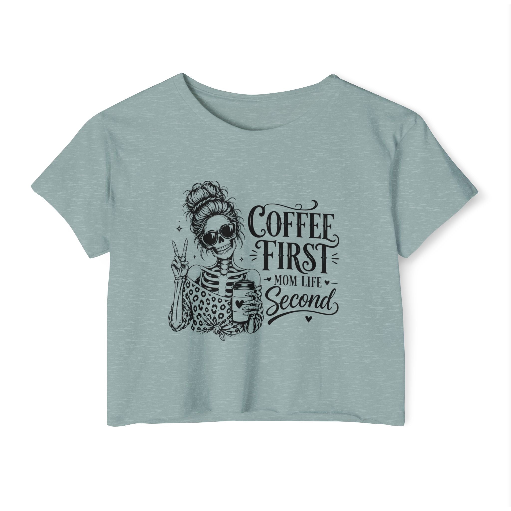 Funny coffee mom crop top product mockup for tired moms and caffeine-loving mamas.