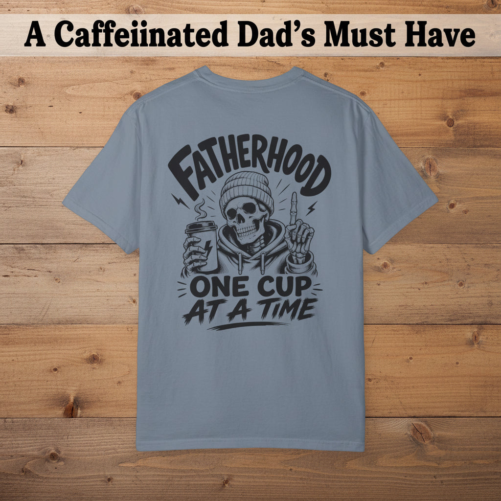 Men’s coffee dad graphic tee product image with Fatherhood One Cup At A Time design.