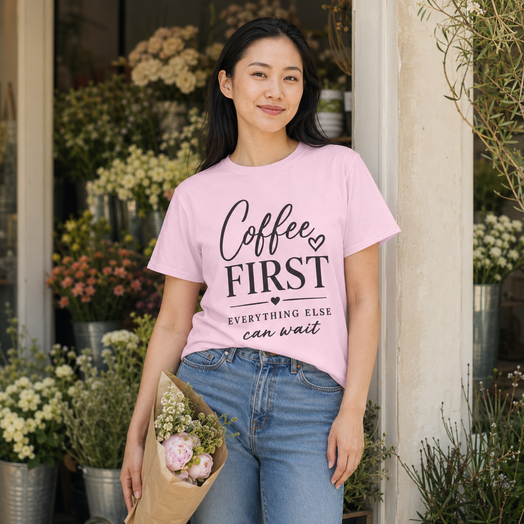 East Asian woman stands outside a flower shop holding a wrapped bouquet below her light pink T-shirt featuring the black saying “Coffee First Everything Else Can Wait.” This feminine lifestyle scene highlights a cute coffee shirt, boutique graphic tee for women, girlfriend birthday gift, spring casual fashion, floral shop outfit, caffeine lover top, and trendy pink everyday clothing.