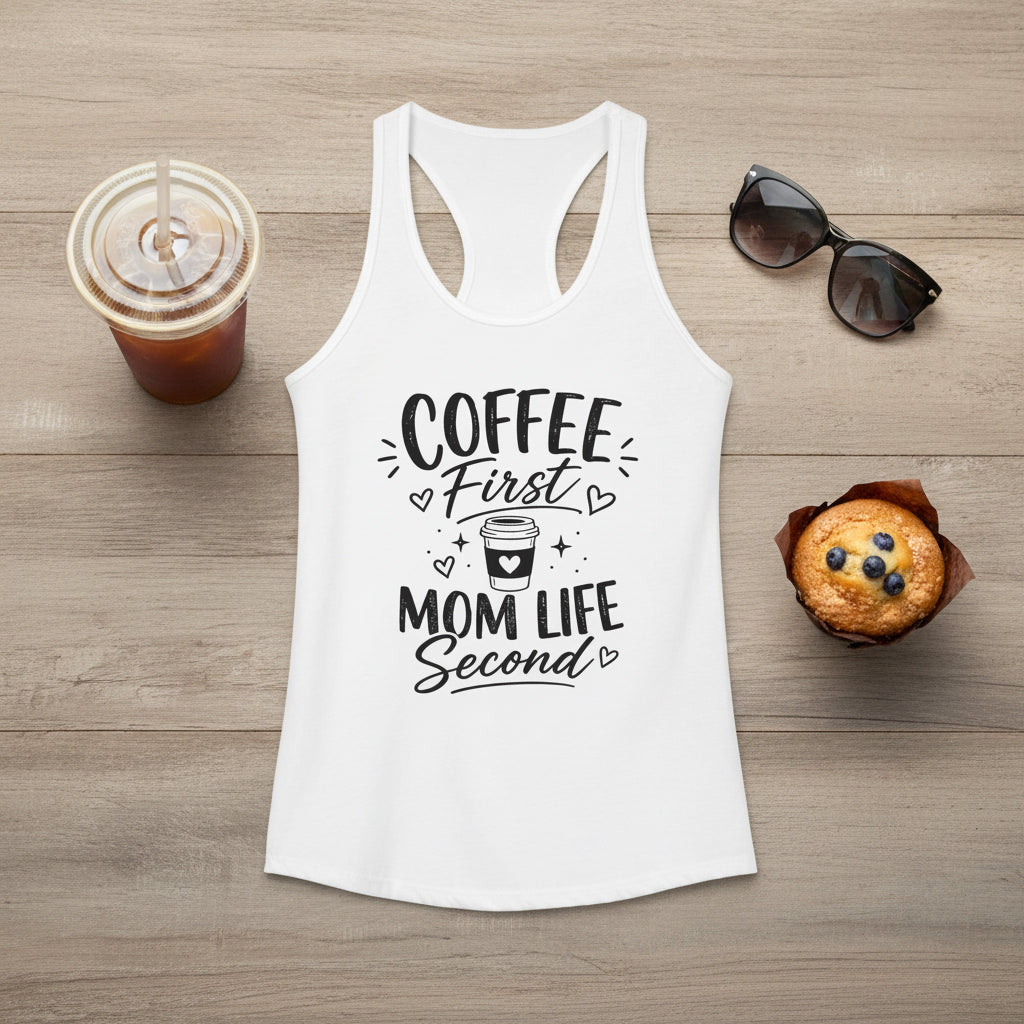 White Coffee Mom racerback tank top with black Coffee First Mom Life Second text on a woodgrain background with iced coffee, sunglasses, and muffin props.