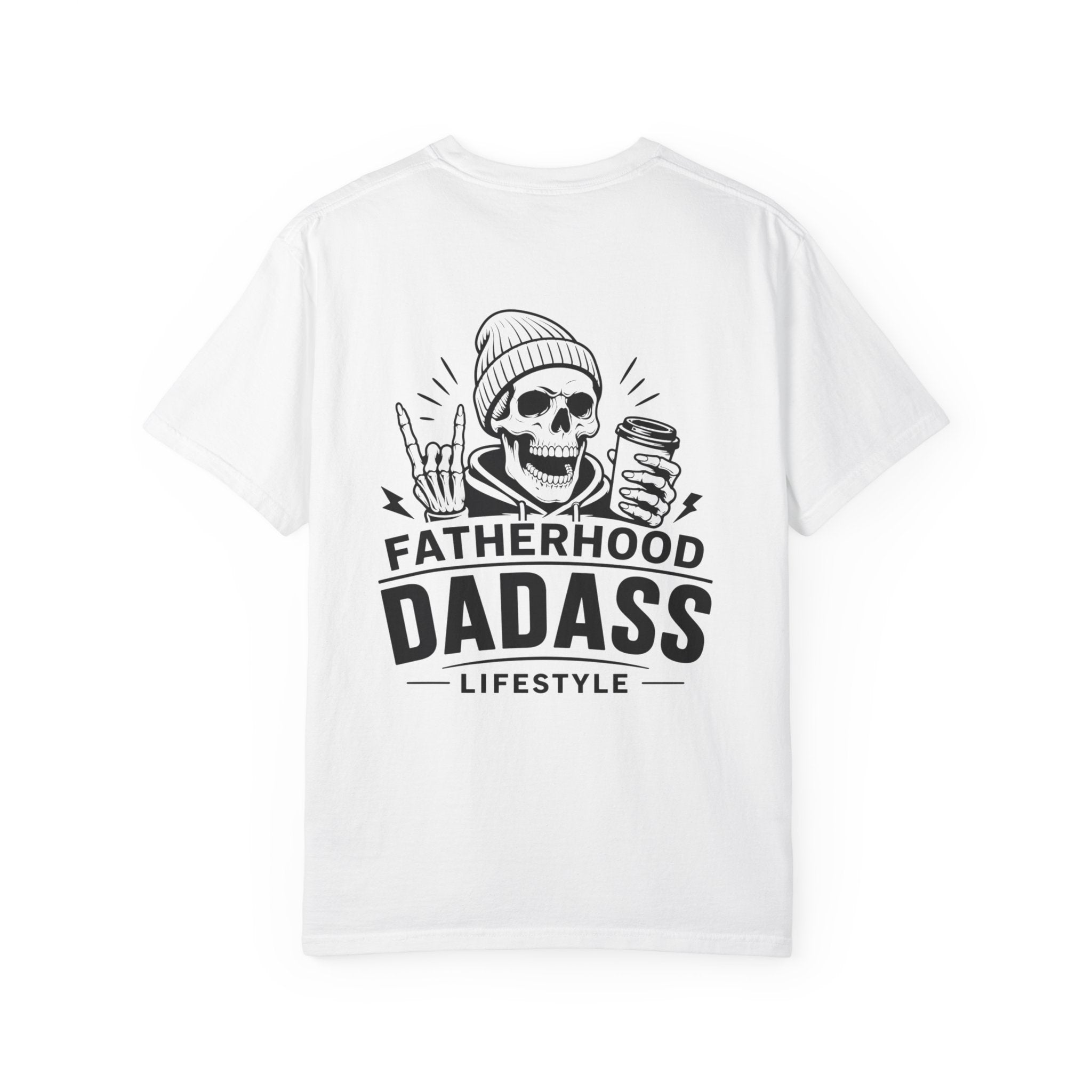 Blue Jean Fatherhood Dad-Ass Lifestyle graphic T-shirt product mockup with black skeleton dad back print for funny dad style and Father’s Day gifts.