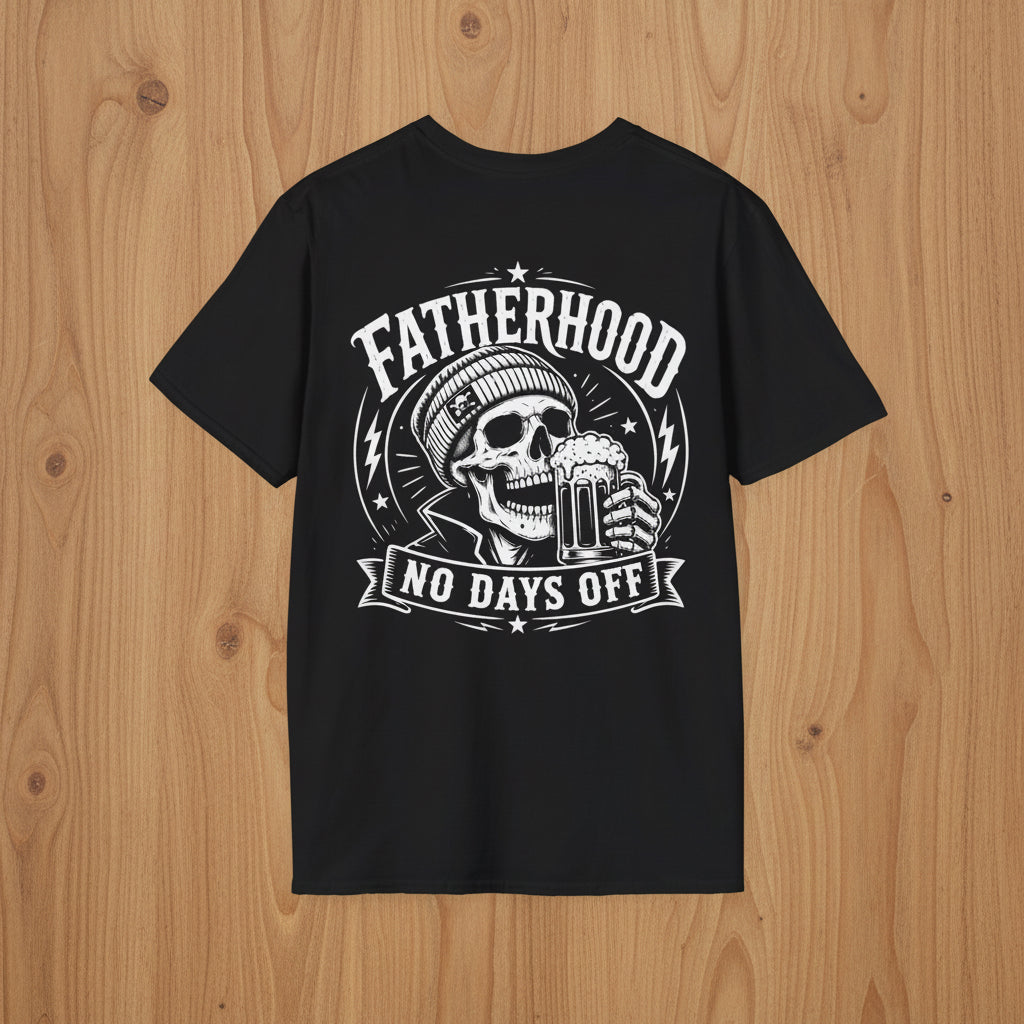 Black Fatherhood No Days Off shirt with skull beer graphic, funny dad gift tee