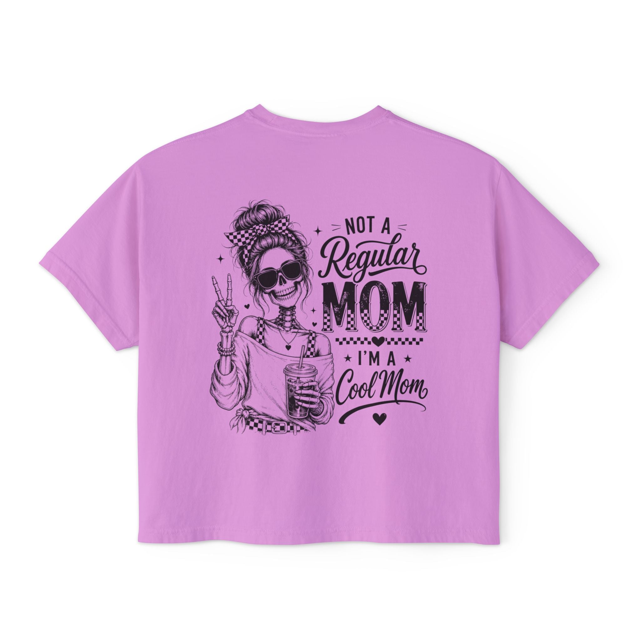 Women’s orchid boxy cropped tee with black Cool Mom skeleton coffee graphic on the back.