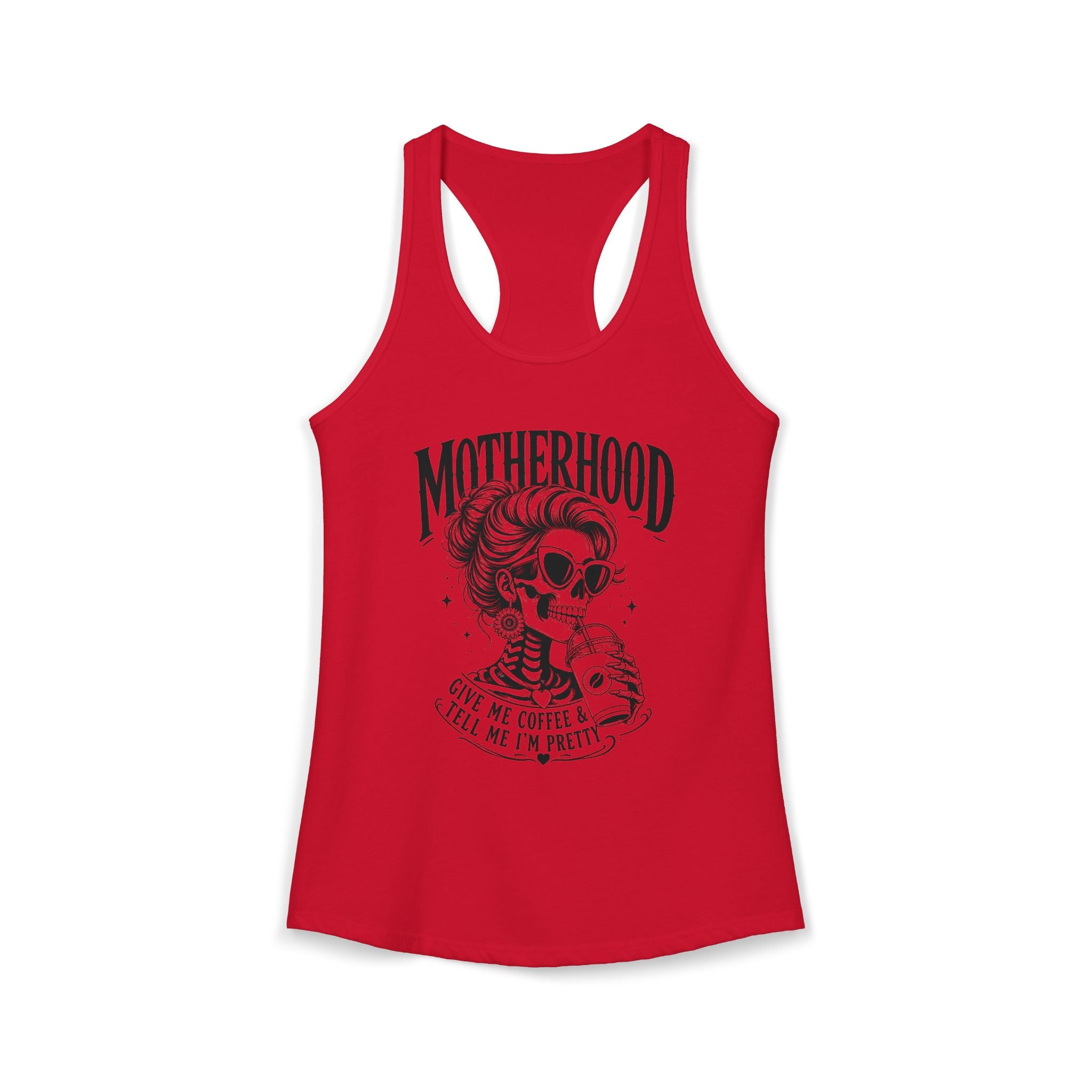 Red Get Me Coffee tank top product image with playful caffeine message.