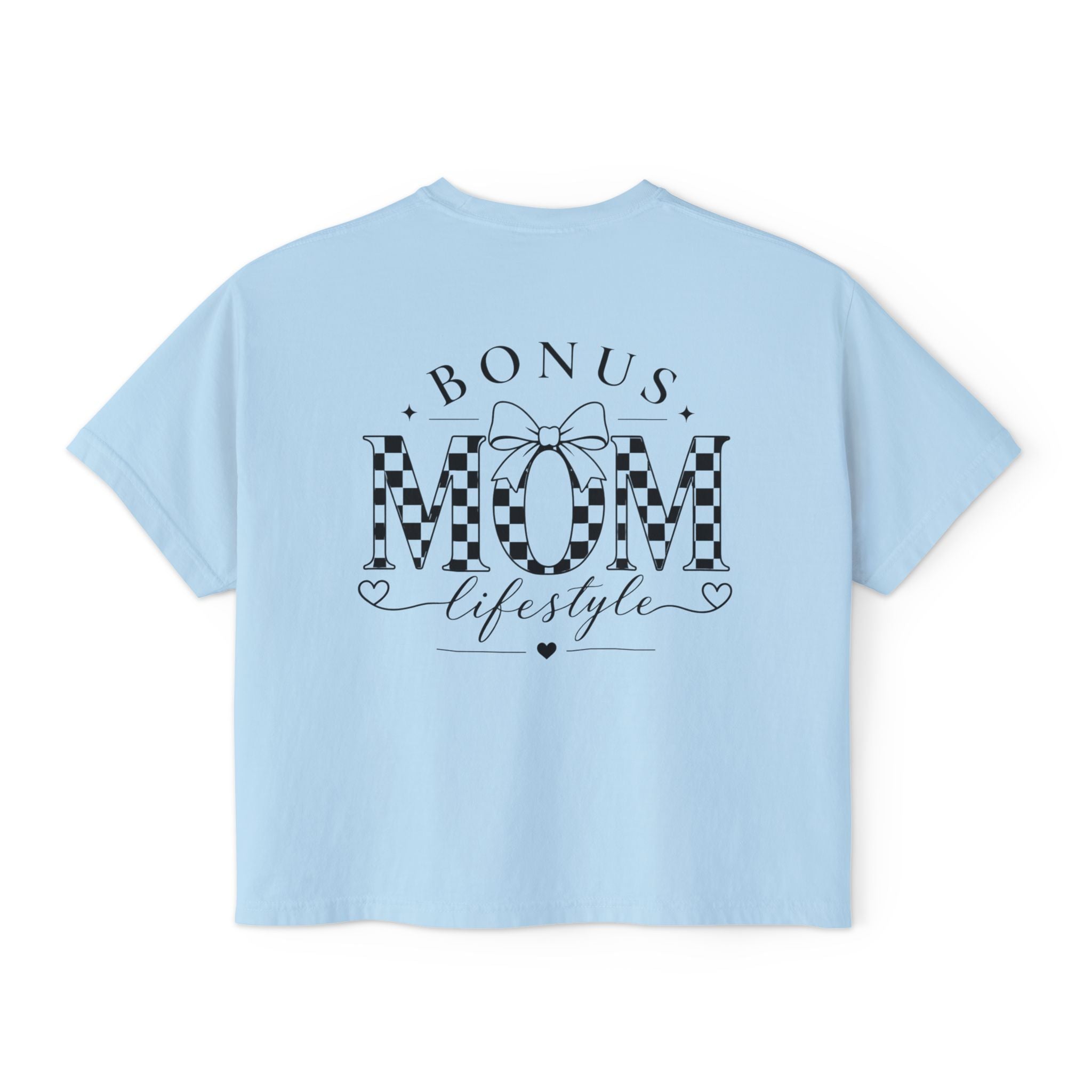 Light blue t-shirt with 'Bonus Mom Lifestyle' text on a white background