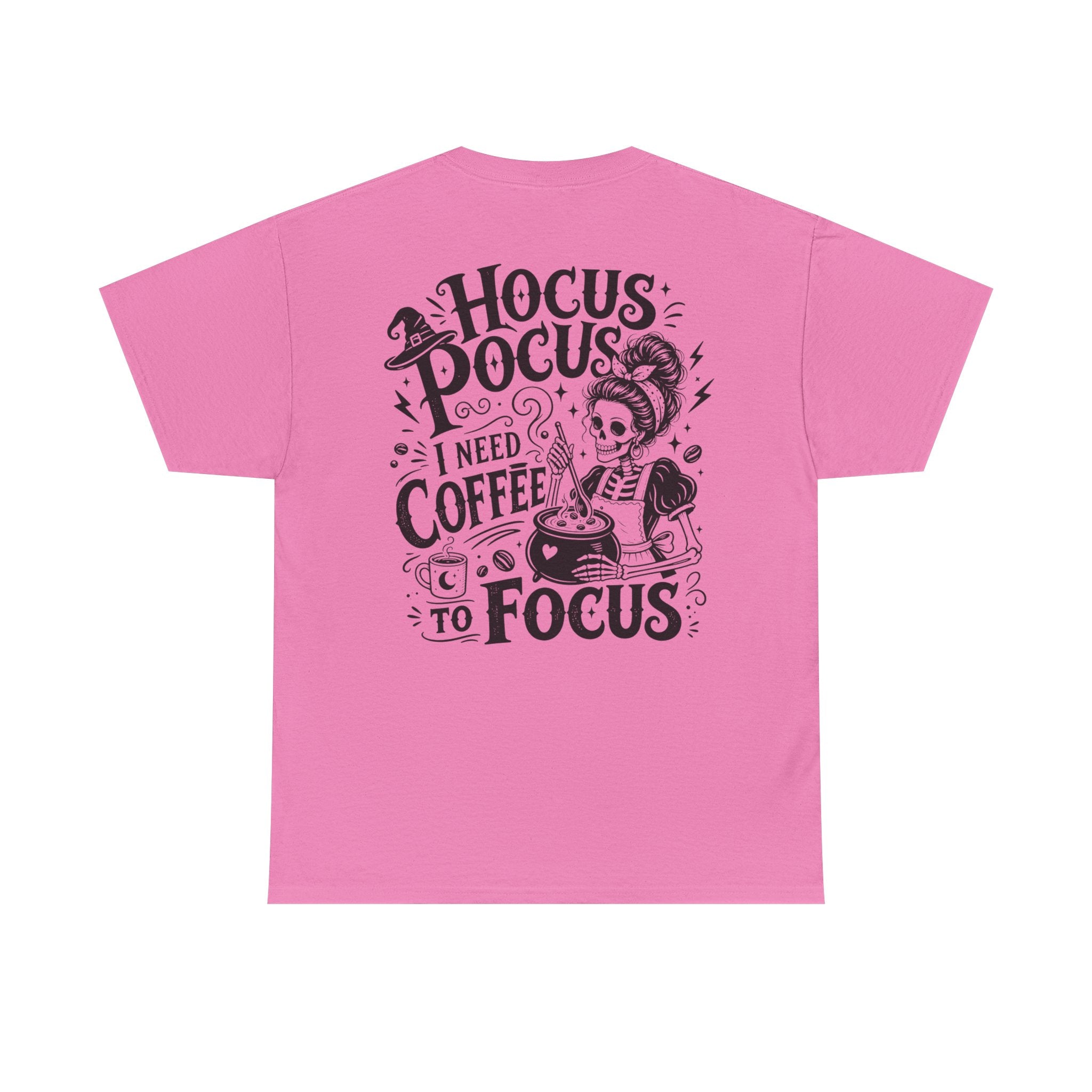 Women’s graphic coffee t-shirt product image with Hocus Pocus I Need Coffee to Focus design.