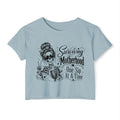 Surviving Motherhood graphic crop top product image for moms running on caffeine.