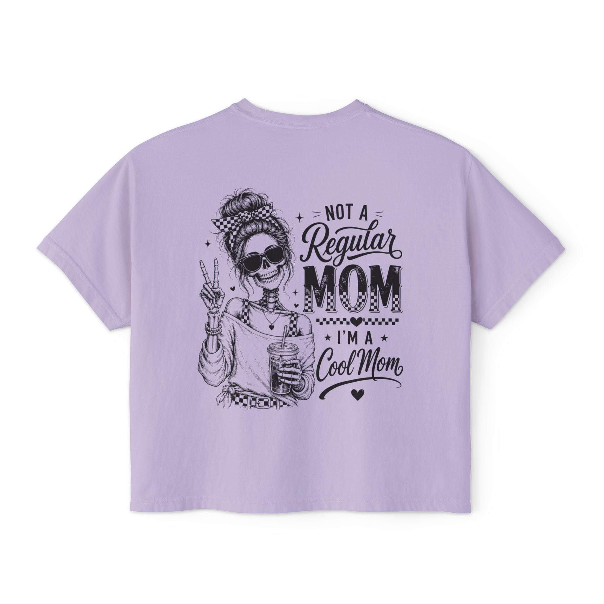 Women’s lavender boxy cropped tee with black Cool Mom skeleton coffee graphic on the back.