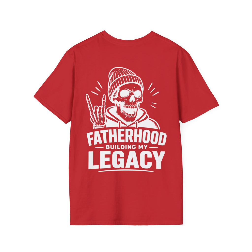 Red Fatherhood Building My Legacy graphic T-shirt product mockup with bold skull dad artwork, designed as a meaningful gift for proud fathers.