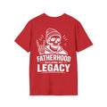 Red Fatherhood Building My Legacy graphic T-shirt product mockup with bold skull dad artwork, designed as a meaningful gift for proud fathers.