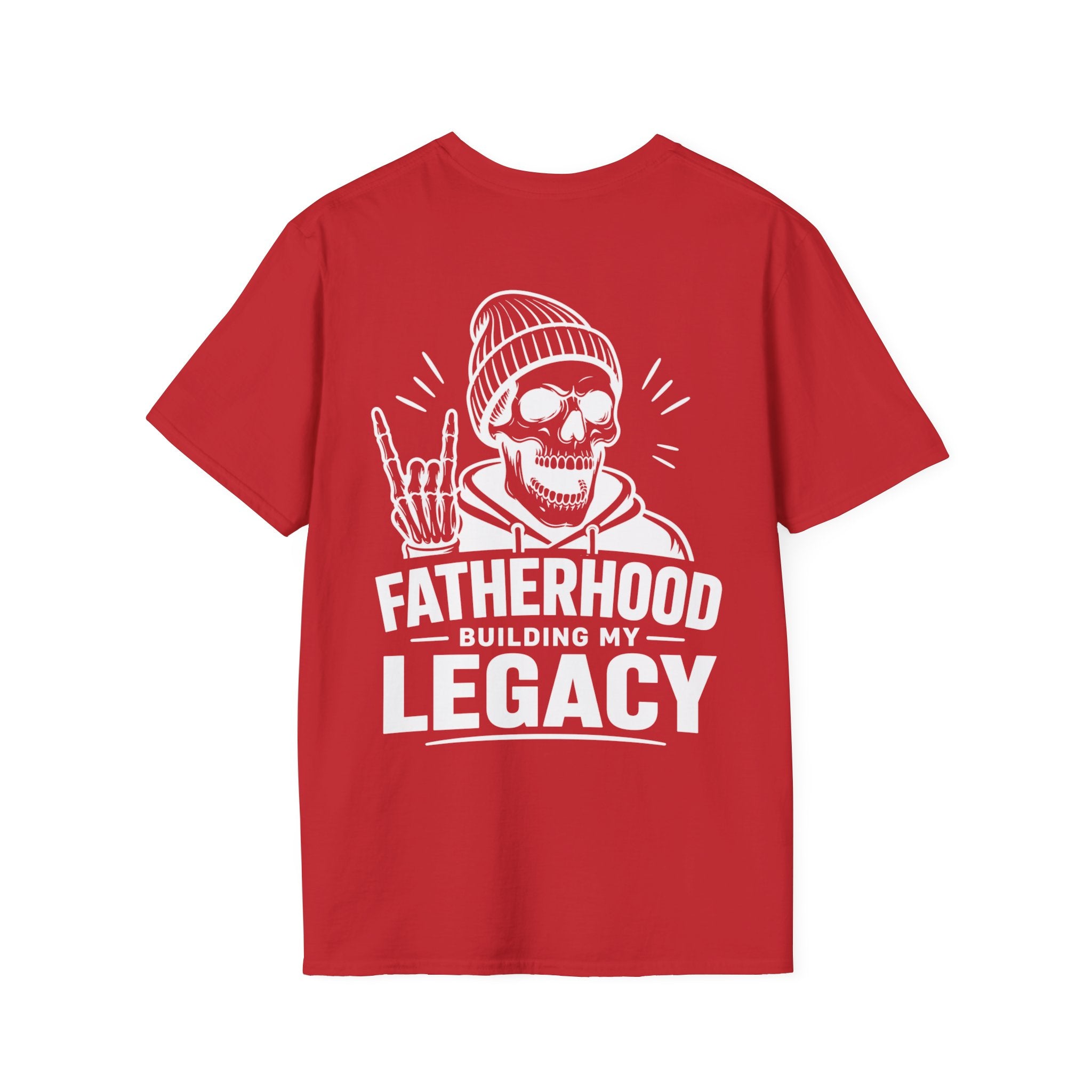 Red Fatherhood Building My Legacy graphic T-shirt product mockup with bold skull dad artwork, designed as a meaningful gift for proud fathers.