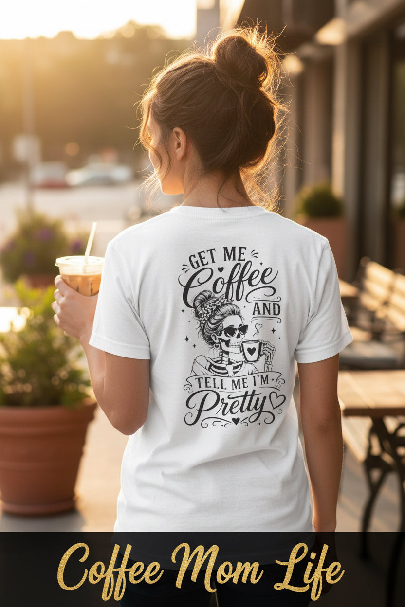 Get Me Coffee tee shirt product image with funny skull coffee lover graphic design.