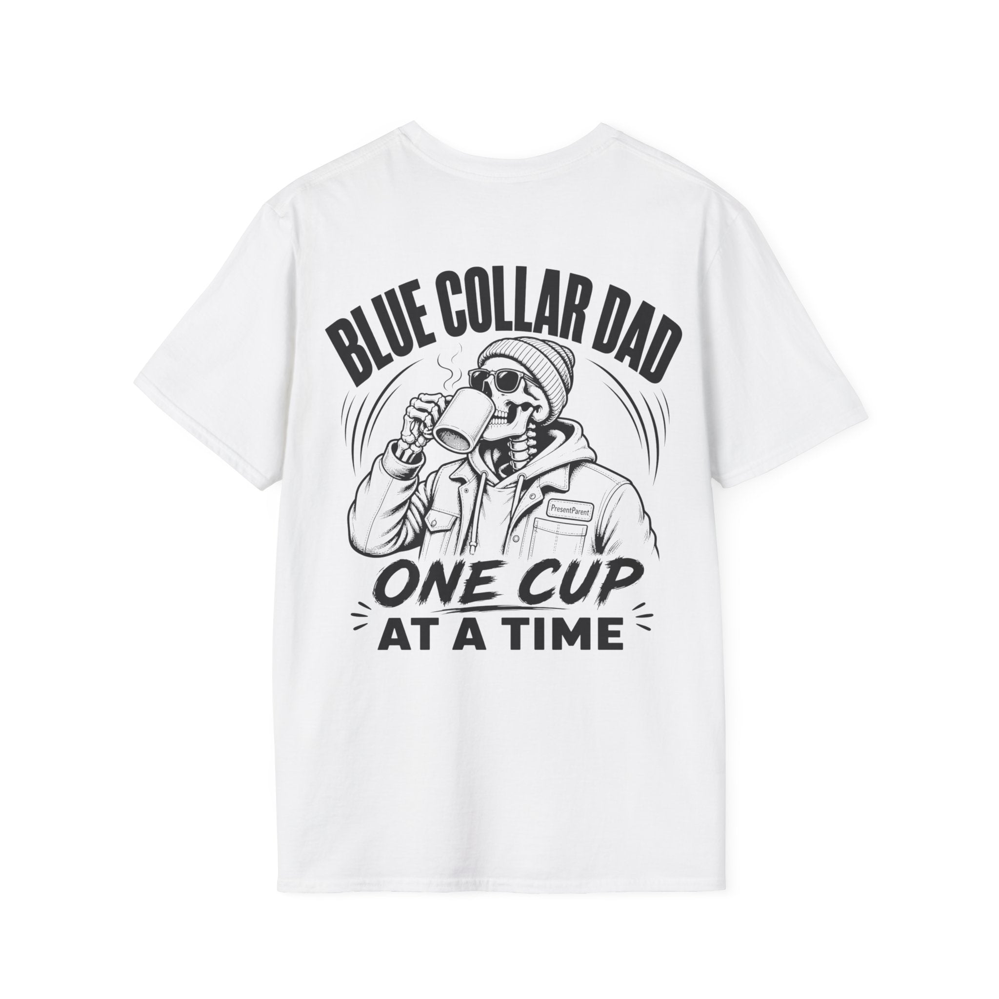 Men's Blue Collar Dad Coffee T-Shirt | One Cup At A Time Back Print | Hardworking Dad Gift