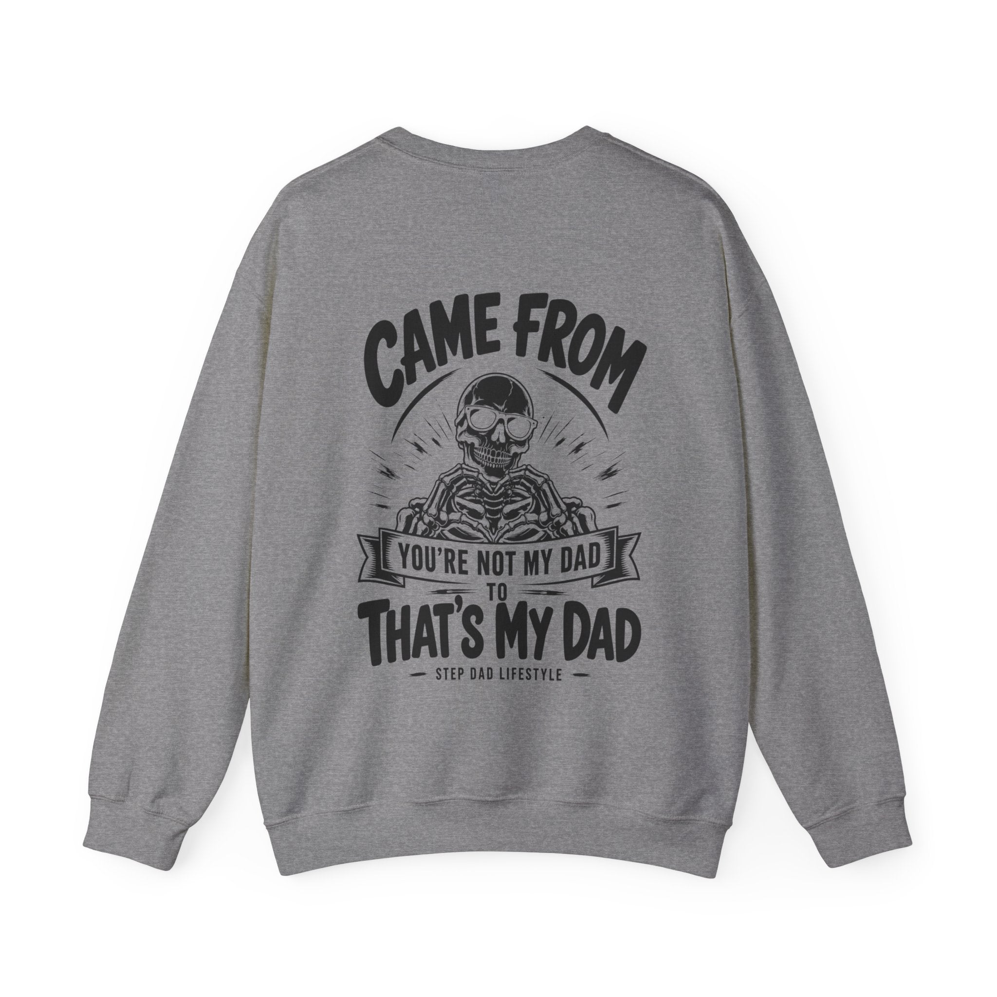 Back print fatherhood sweatshirt product view with vintage skull dad design.