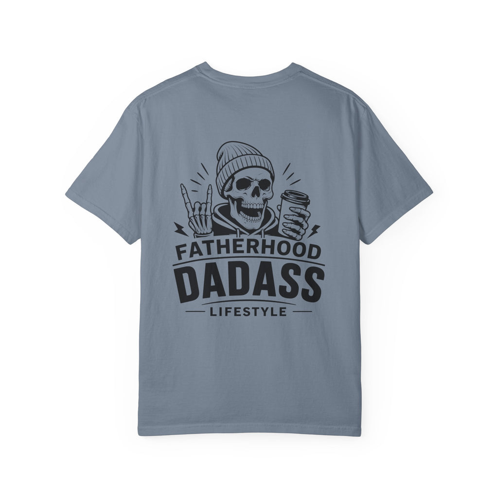 White Fatherhood Dad-Ass Lifestyle graphic T-shirt product mockup with black skeleton dad back print, designed as a funny fatherhood tee for dads.