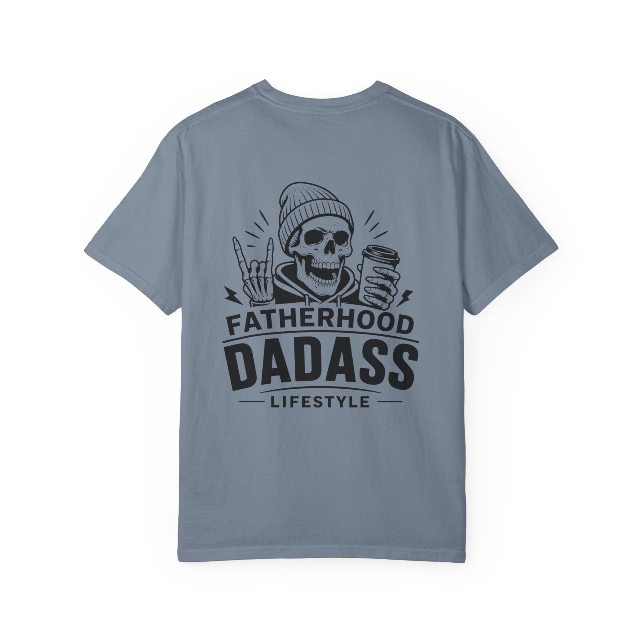 White Fatherhood Dad-Ass Lifestyle graphic T-shirt product mockup with black skeleton dad back print, designed as a funny fatherhood tee for dads.
