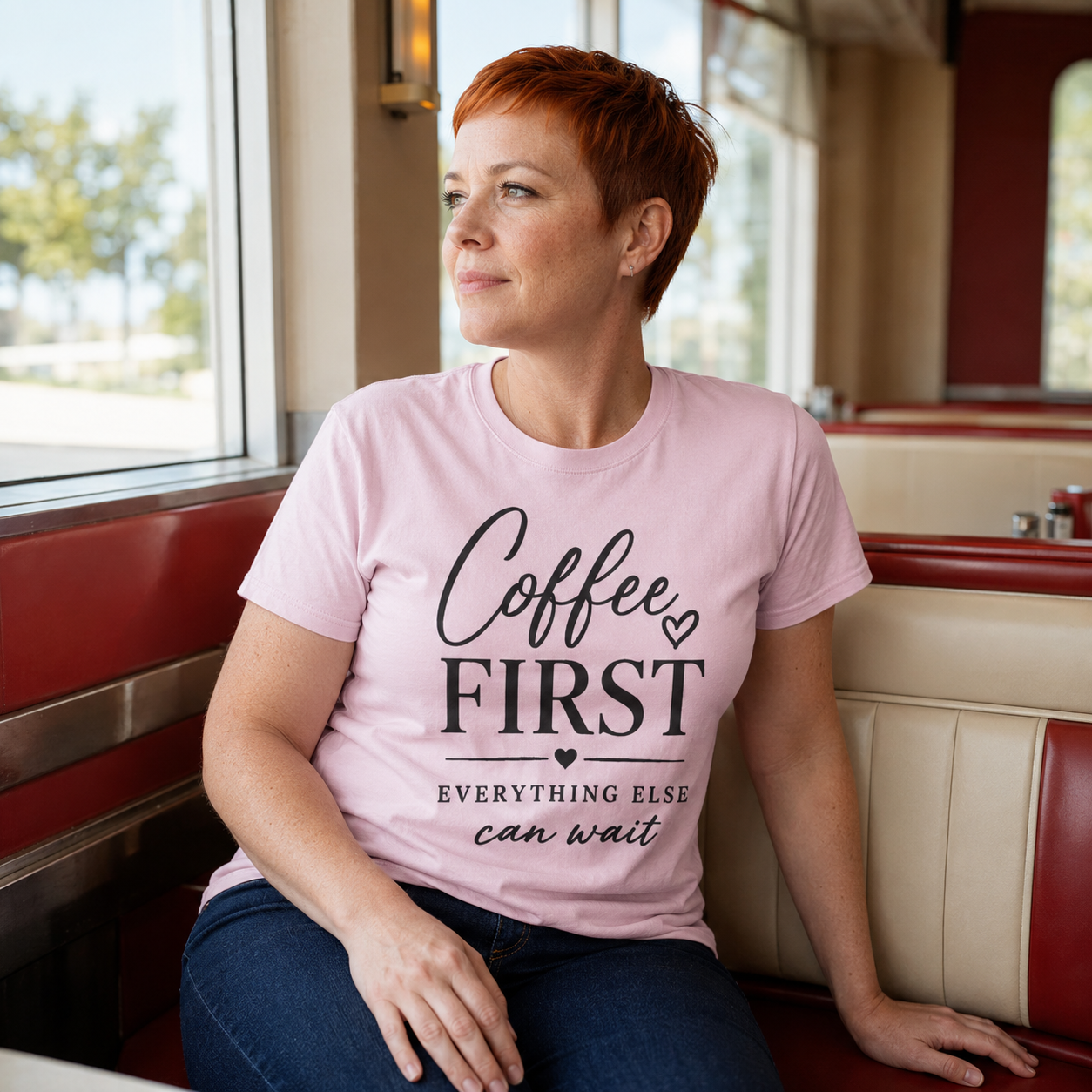 Red-haired woman with a short pixie cut sits in a classic diner booth wearing a light pink T-shirt that reads “Coffee First Everything Else Can Wait” across the chest. The nostalgic setting and dark jeans create a funny coffee quote outfit, caffeine lover birthday gift, vintage café style, women’s pink graphic tee, retro brunch clothing, morning humor shirt, and casual weekend look.