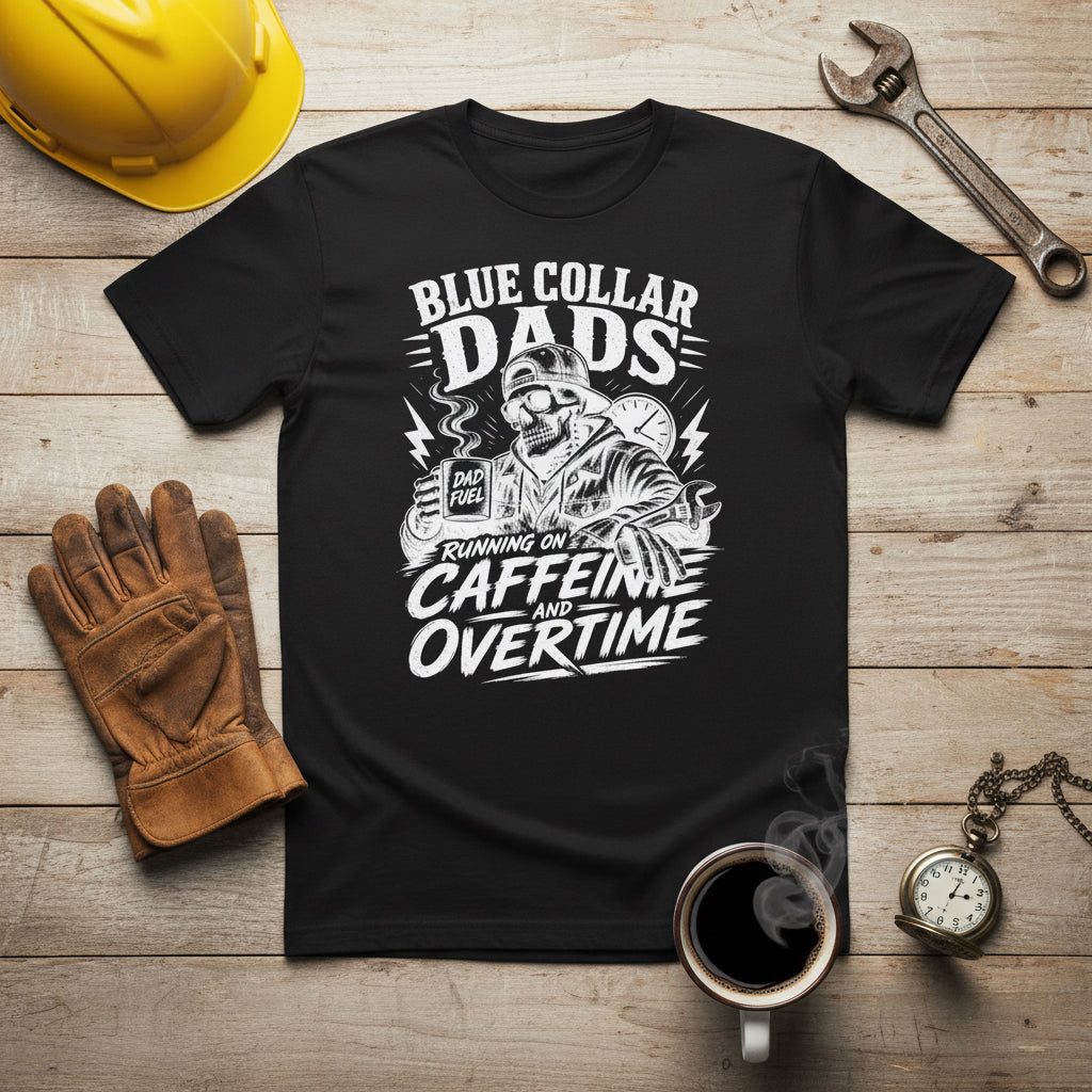 Black Running On Caffeine And Overtime t-shirt with white Blue Collar Dads graphic text.