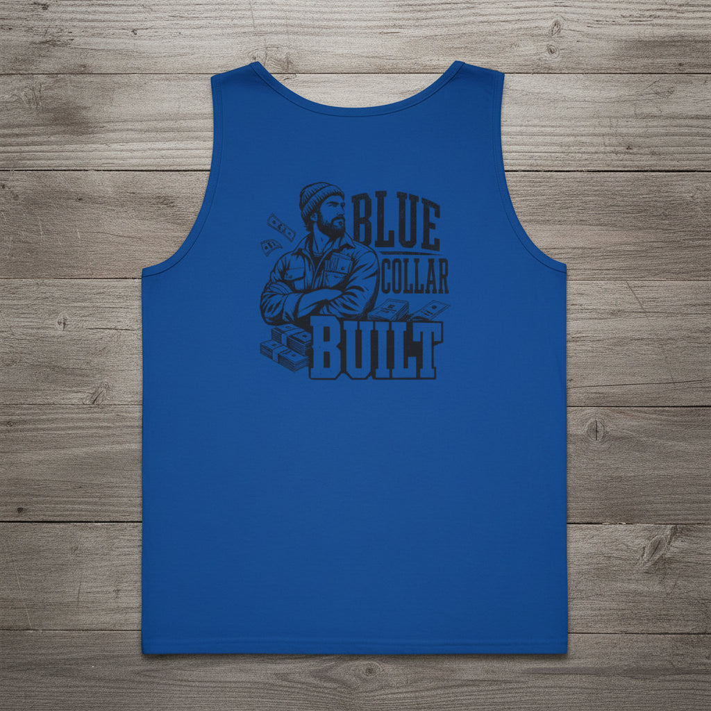 Blue Blue Collar Built tank top with graphic design for blue collar dads and Father’s Day gifts.