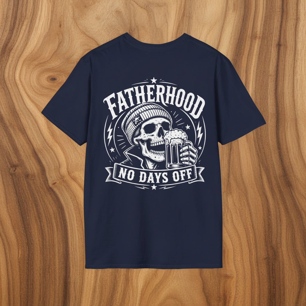 Navy Fatherhood No Days Off t-shirt with skull beer graphic for dads