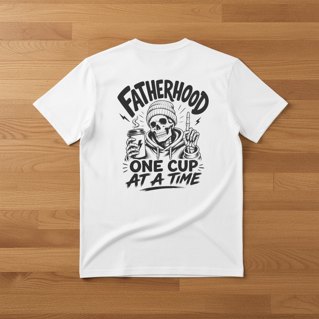 White Fatherhood Club t-shirt with black Fatherhood One Cup At A Time coffee dad graphic on a woodgrain background.