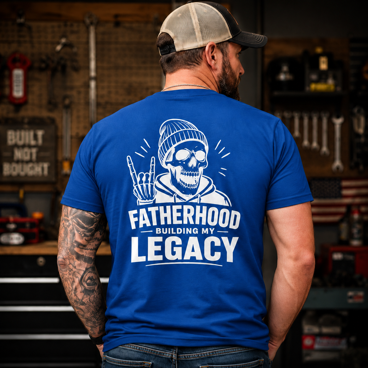 Royal blue Fatherhood Legacy T-shirt with bold white back design, shown on a dad in a rugged garage scene. Perfect blue dad life shirt, Father’s Day present, hardworking father apparel, blue collar dad tee, skull graphic clothing, biker dad style, and everyday family man shirt.