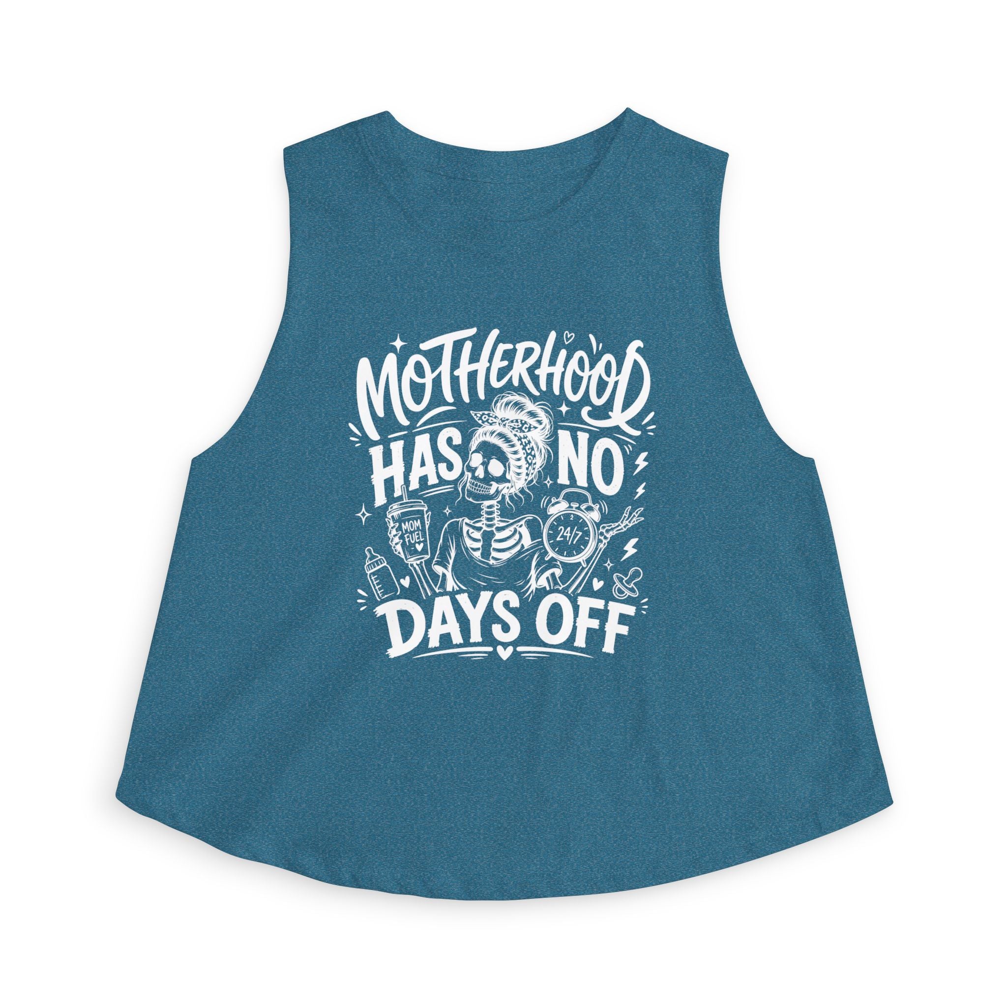 Tired mom gift tank top product image with Motherhood Has No Days Off design.