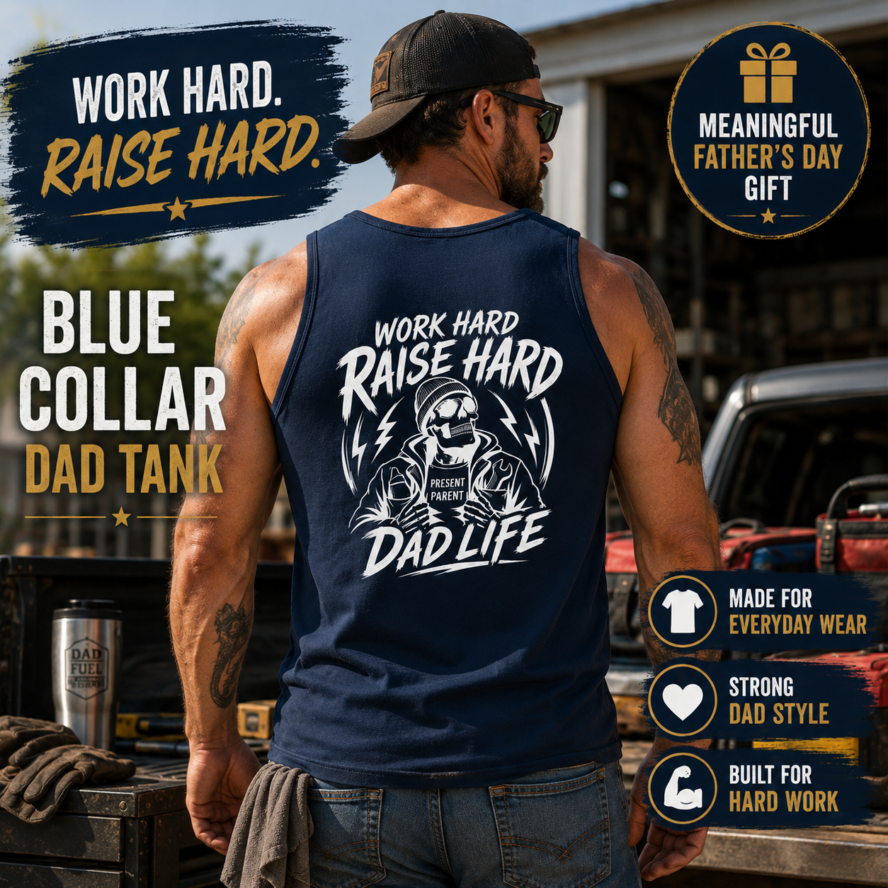 Navy sleeveless tank top with the white “Work Hard Raise Hard Dad Life” back print, created as a blue collar fatherhood shirt for everyday wear. Text overlays say “Shop Favorite Dad Gift,” “No Front Print,” “Soft & Durable,” “Blue Collar Tank,” and “Great for Jobsite & Weekend.” A practical dad gift for him, summer tank for men, funny father shirt, and comfortable casual apparel he can wear often.