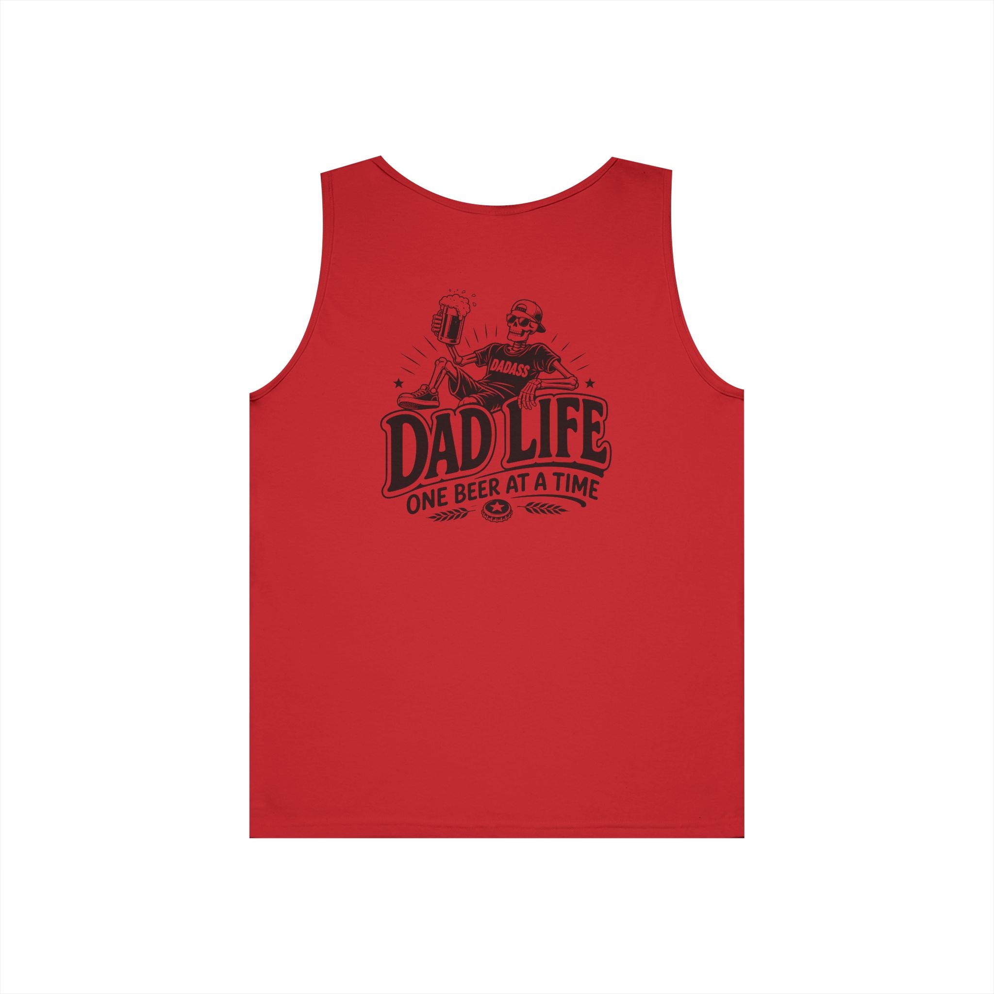 Funny dad tank top product image featuring skeleton holding beer graphic.