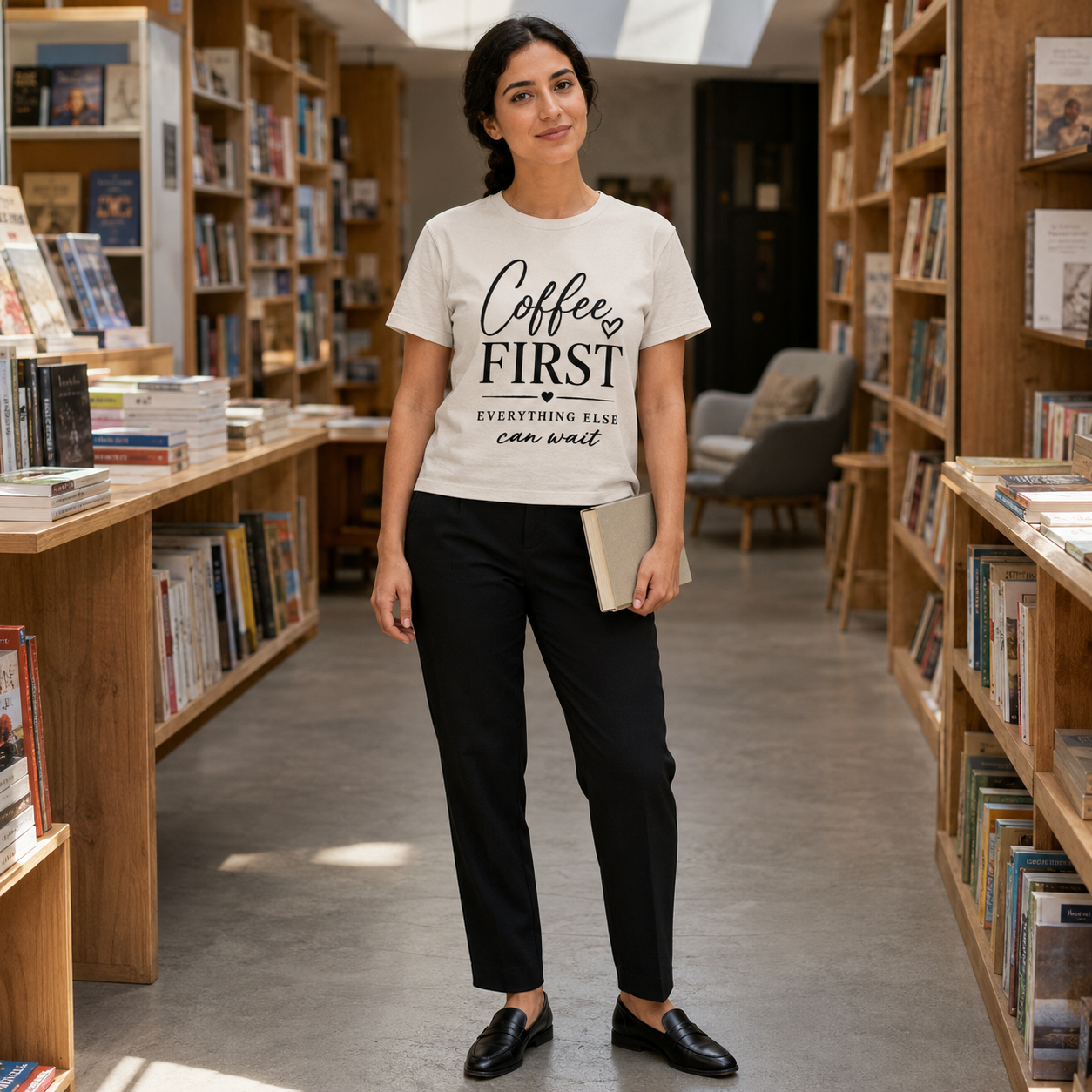 Middle Eastern woman holds a closed book inside an independent bookstore while modeling a sand-colored tee displaying “Coffee First Everything Else Can Wait” in elegant black lettering. Styled with tailored trousers and loafers, it connects with book and coffee lover shirts, reader gifts for women, librarian-inspired outfits, literary graphic tees, neutral fashion, and bookstore casual wear.