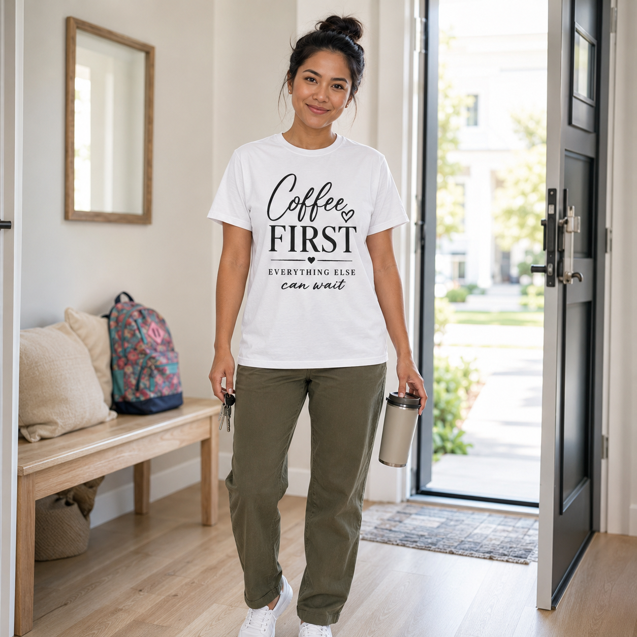 Woman stands in a bright home entryway with keys and a travel tumbler held below her white “Coffee First Everything Else Can Wait” graphic T-shirt. Paired with olive pants and sneakers near a child’s backpack, this scene represents a busy mom coffee shirt, school drop-off outfit, mom life graphic tee, commuter caffeine top, practical mother’s gift, and casual morning style.