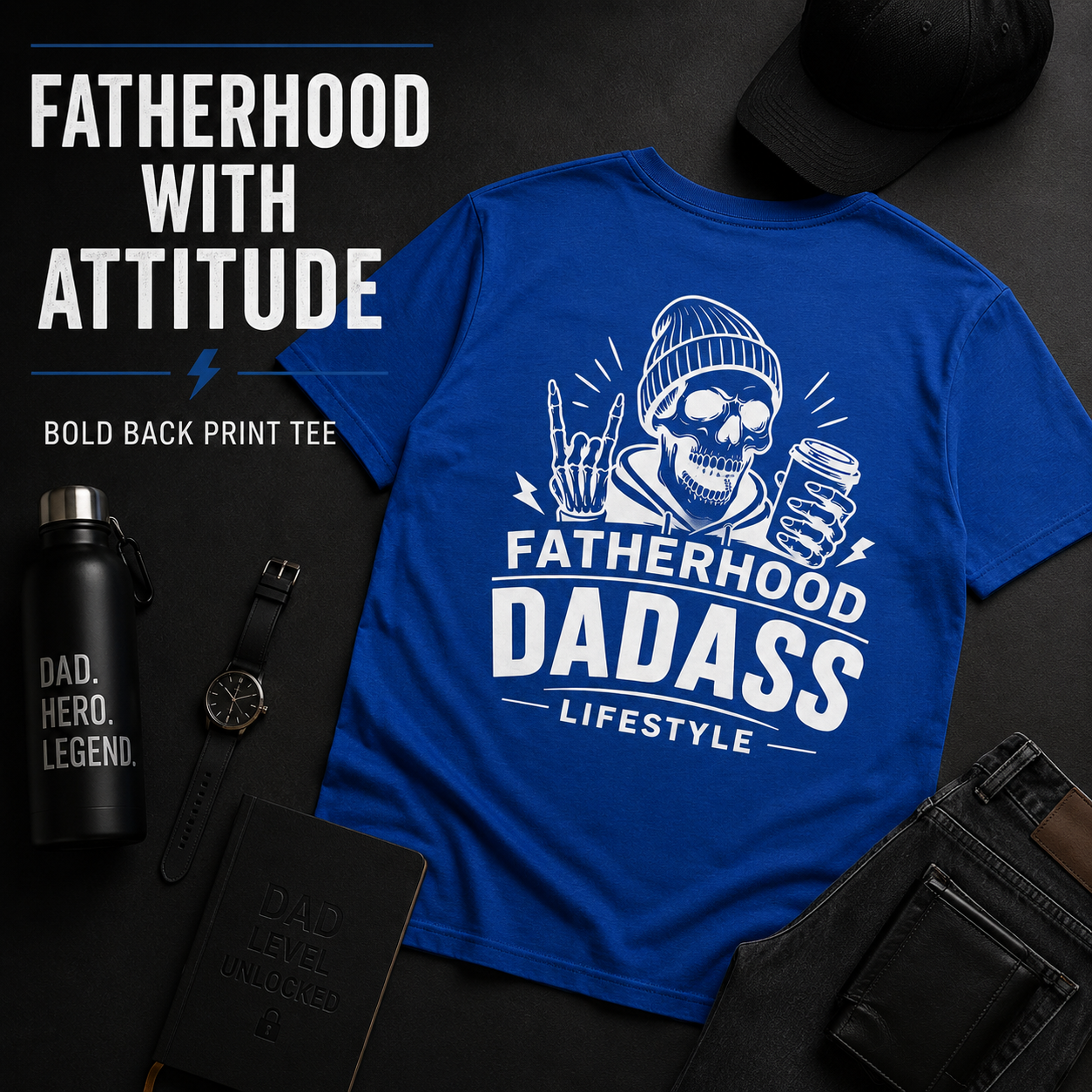 Skull Dadass Fatherhood graphic tee, bold back print dad shirt