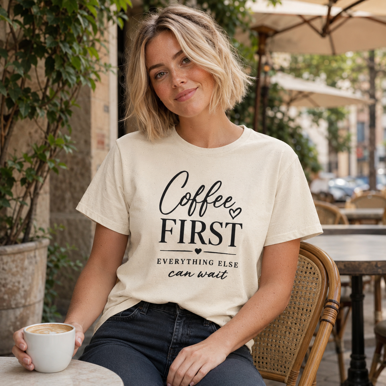 Blonde woman with a textured bob sits at an outdoor café holding a latte while wearing a natural cream speckled tee printed with “Coffee First Everything Else Can Wait.” The laid-back styling fits searches for coffee date outfit, brunch graphic T-shirt, best friend coffee gift, relaxed women’s casual shirt, neutral unisex crewneck, latte lover clothing, and everyday denim look.
