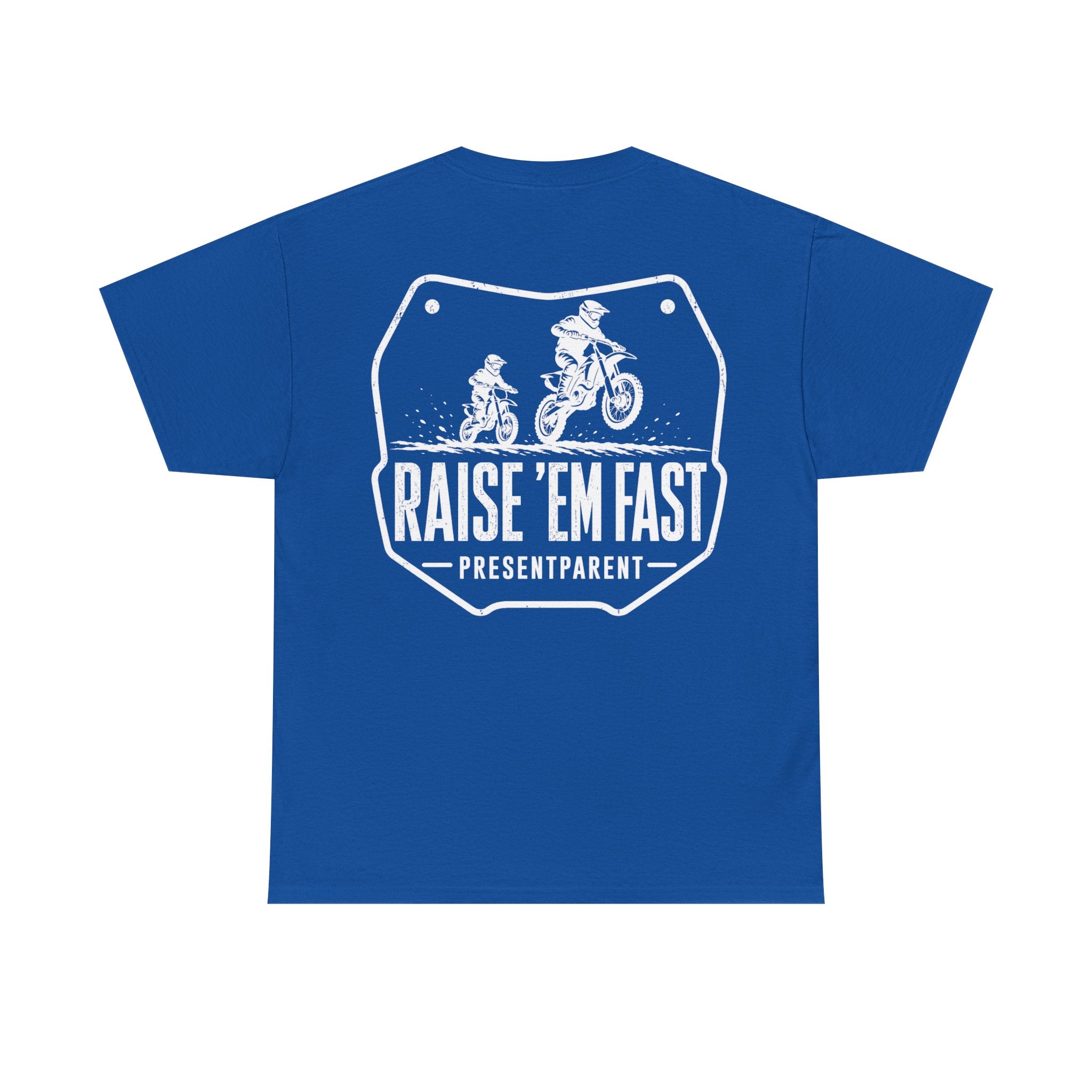 Men’s Raise ’Em Fast dirtbike dad shirt product image for motocross dads and Father’s Day gifts.