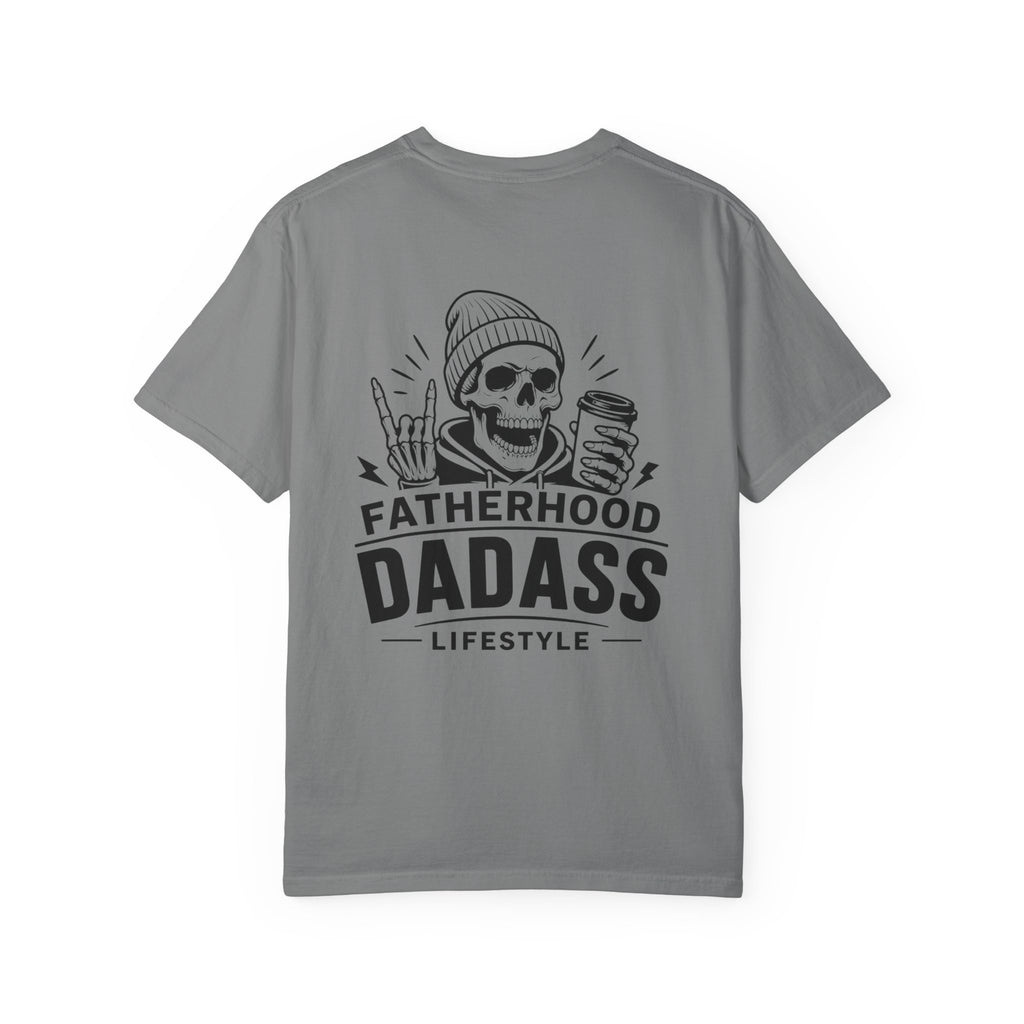 Grey Fatherhood Dad-Ass Lifestyle graphic T-shirt product mockup with black skeleton dad back print, created for coffee-loving dads and casual dad outfits.