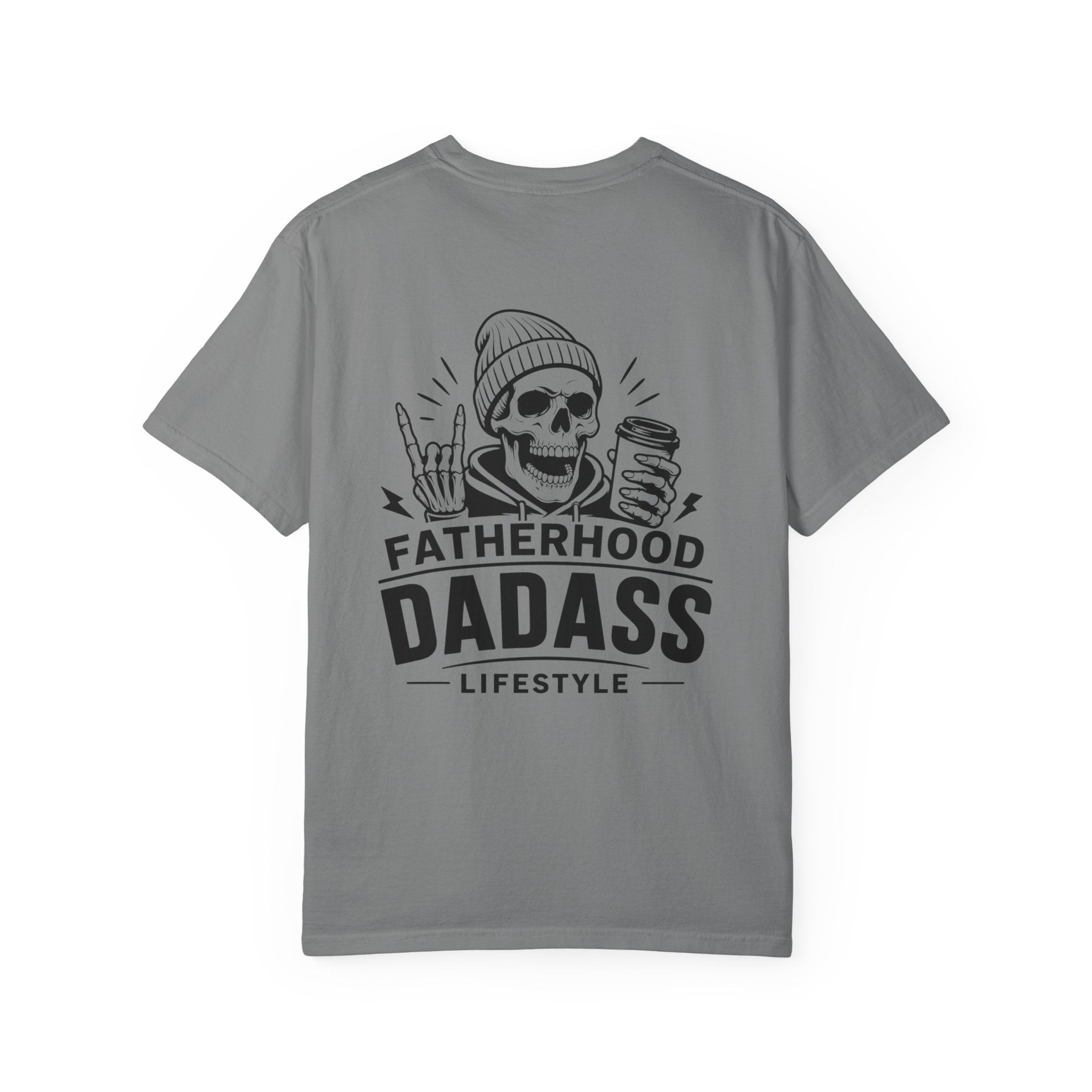 Grey Fatherhood Dad-Ass Lifestyle graphic T-shirt product mockup with black skeleton dad back print, created for coffee-loving dads and casual dad outfits.