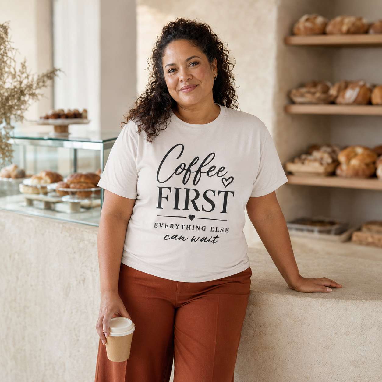Curly-haired woman poses beside a stone counter in an artisan bakery wearing a light sand T-shirt with “Coffee First Everything Else Can Wait” printed across the front in black. Rust trousers complete this neutral coffee tee outfit, suited to brunch lovers, pastry and latte fans, cozy café style, minimalist saying shirts, baker gift ideas, and warm-toned women’s fashion.