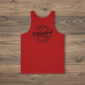Red Surviving Fatherhood One Beer at a Time tank top with black dad humor text on a woodgrain background.