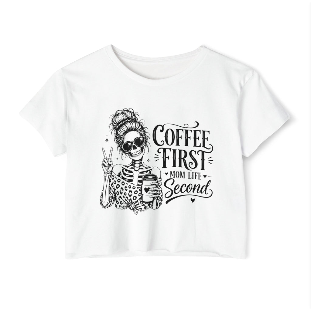 White t-shirt with skeleton design and text 'Coffee First, Mom Life Second' on a white background