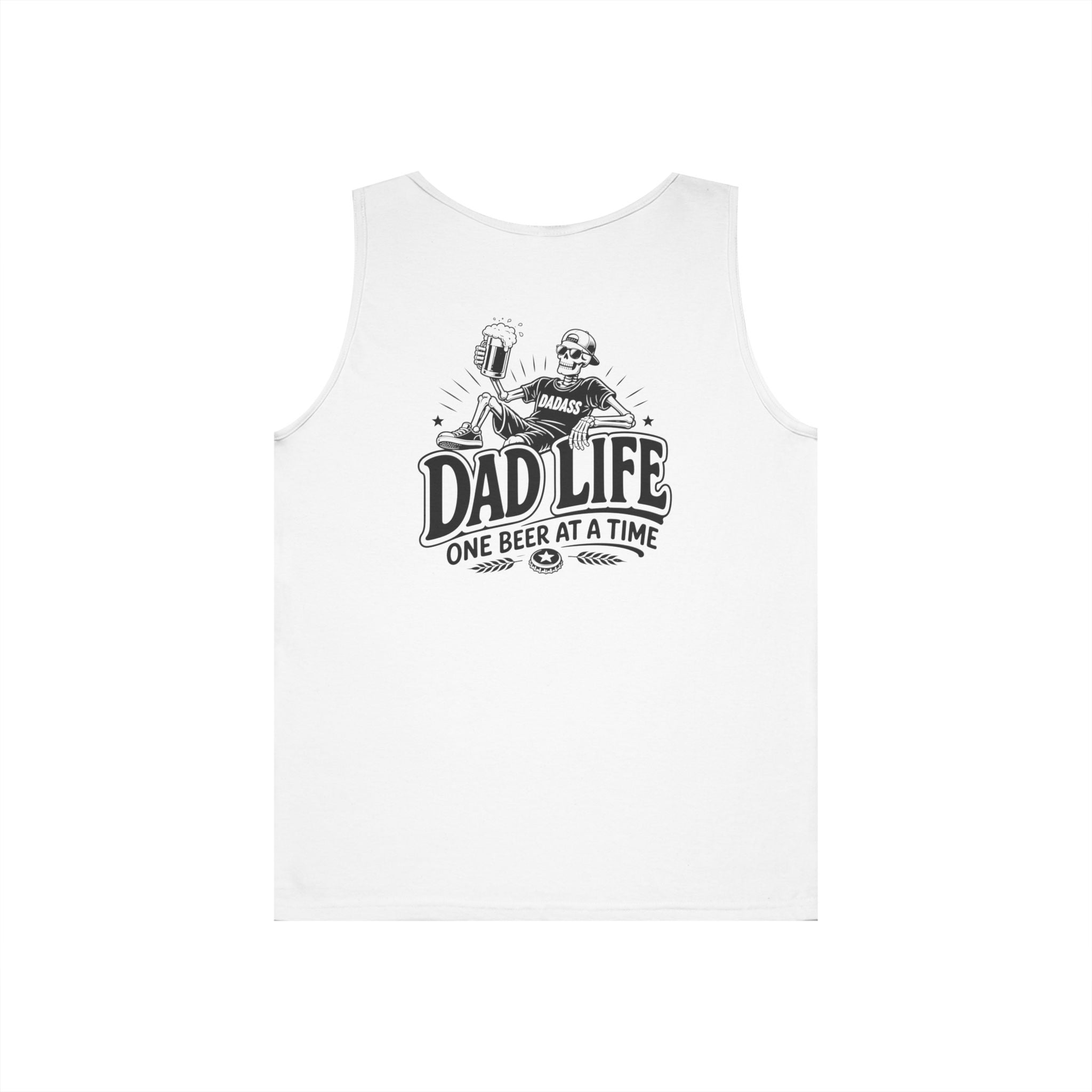Dad Life tank top product image with funny One Beer at a Time skeleton beer design.