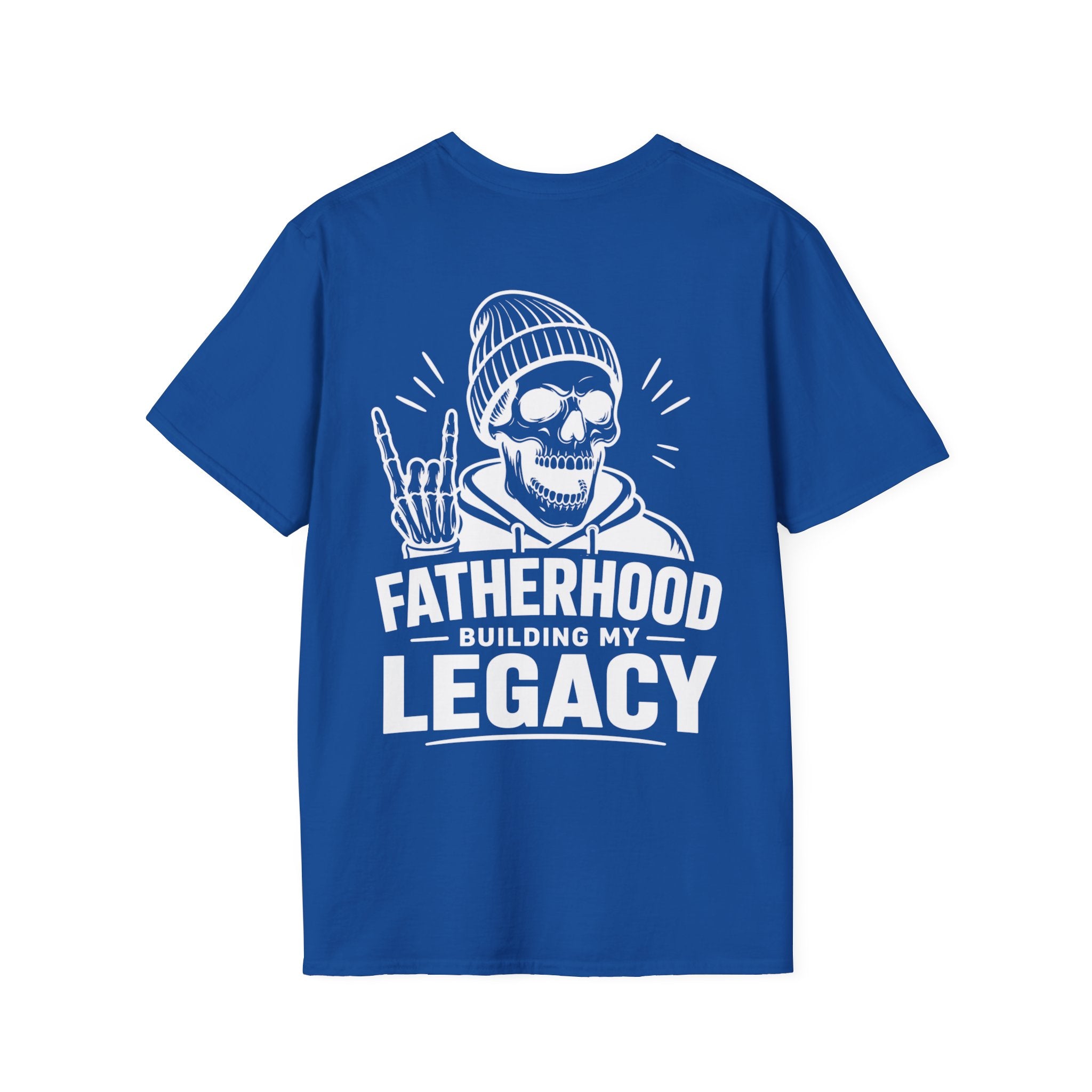 Royal blue Fatherhood Building My Legacy graphic T-shirt product mockup with rugged skull dad artwork, made for Father’s Day gifts and proud dads.