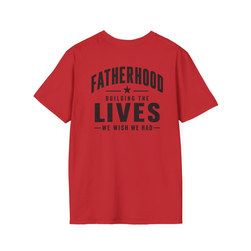 Red Fatherhood graphic T-shirt product mockup on white background with black Building the Lives We Wish We Had back print for meaningful dad gifts.